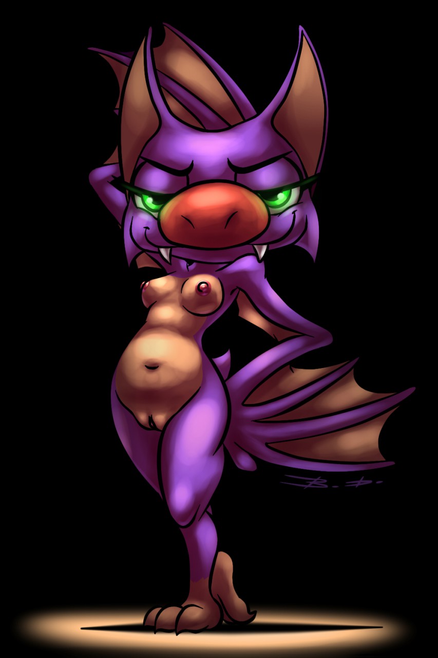 anthro bassybefuddle belly black_background breasts chiropteran female genitals glowing glowing_eyes green_eyes hi_res laylee looking_at_viewer mammal medium_breasts navel nipples nude playtonic_games pose purple_body pussy red_nose shortstack simple_background solo standing tan_body video_games winged_arms wings yooka-laylee