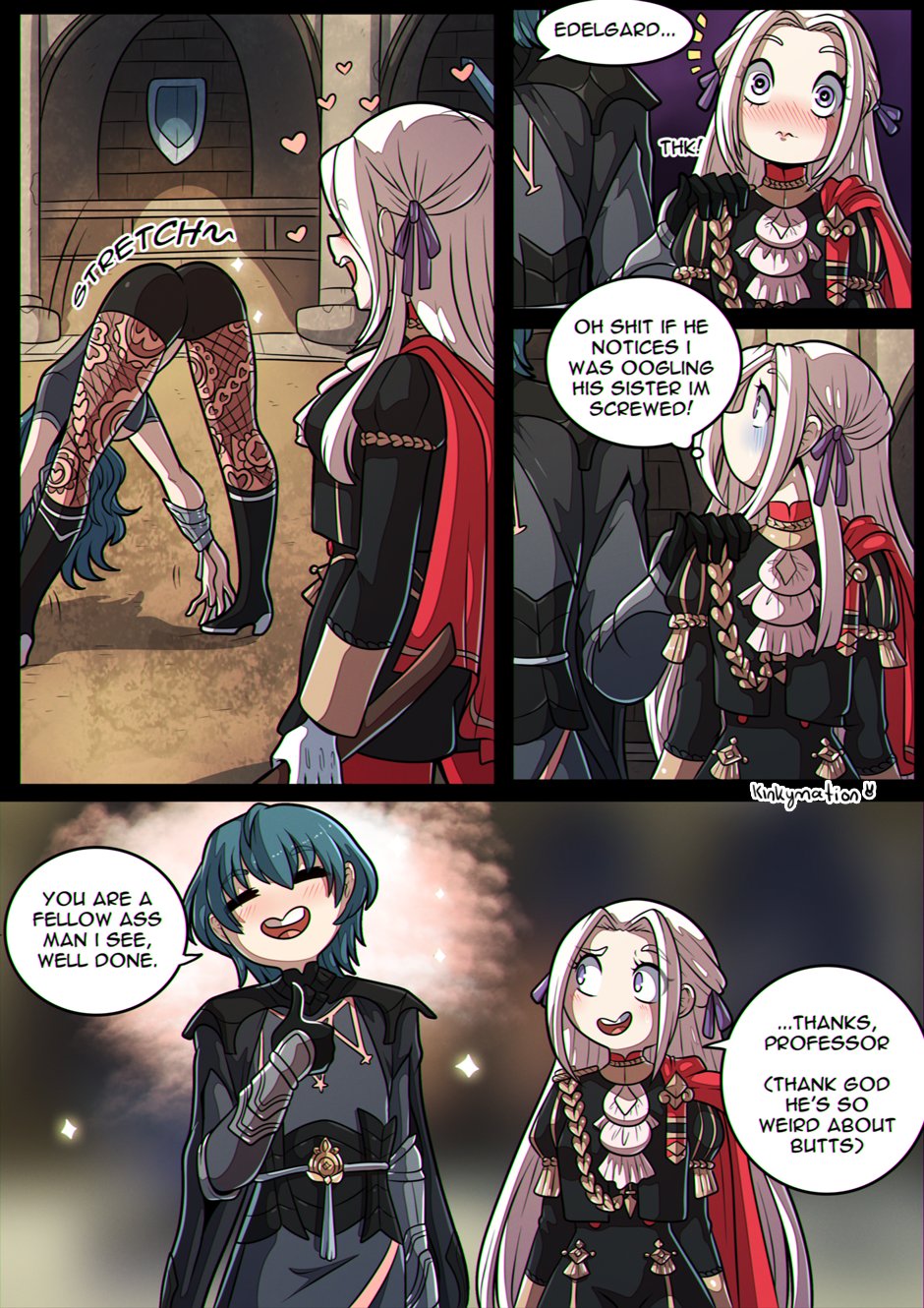 1boy, 2girls, ass, ass focus, big ass, byleth (fire emblem), byleth (fire emblem) (female), byleth (fire emblem) (male), comic, dialogue, dual persona, edelgard von hresvelg, english text, female, fire emblem, fire emblem: three houses, humor, kinkymation, leggings, male, nintendo, pervert, shorts, stretching, text, text bubble, thumbs up, white hair