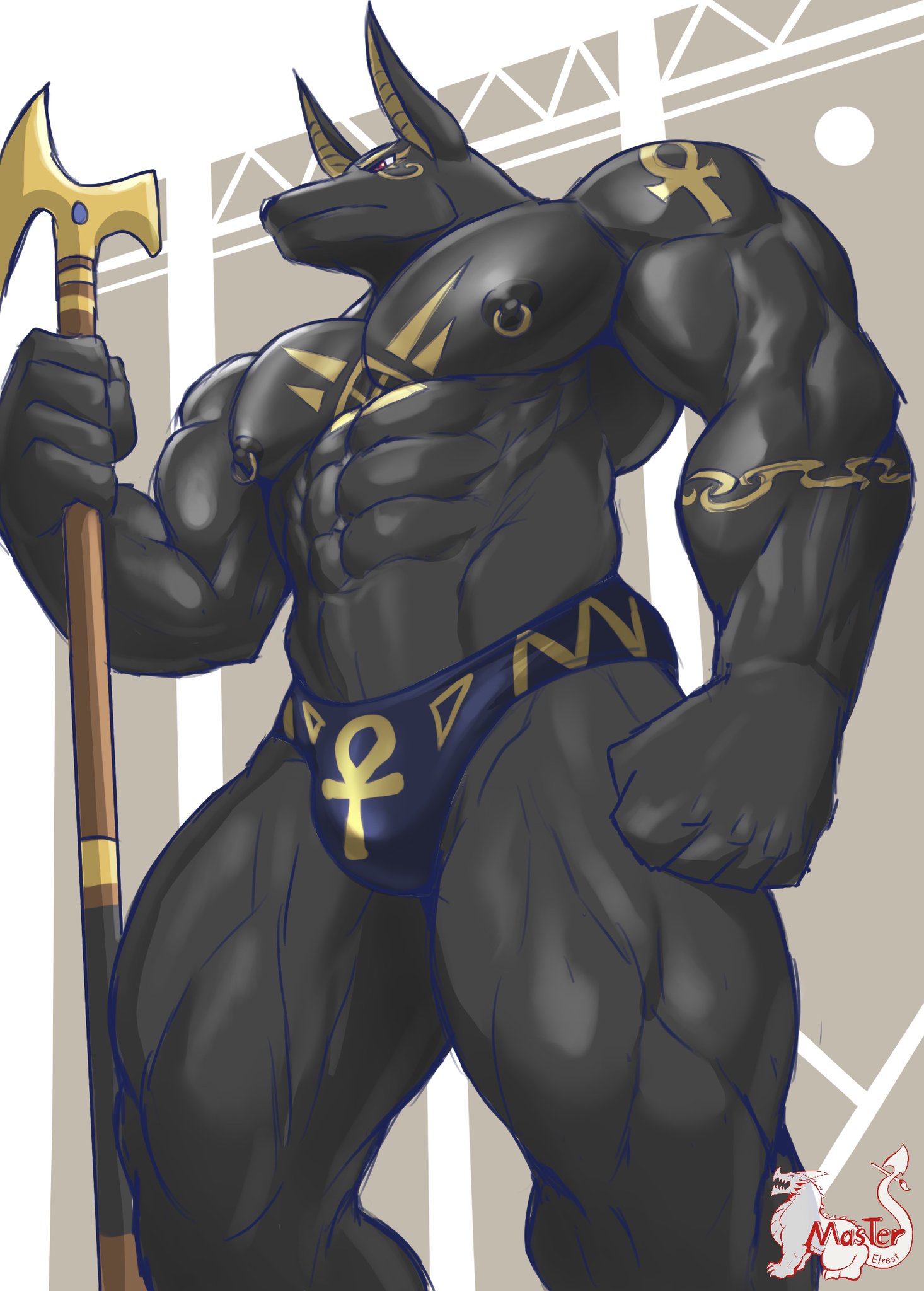 abs, anubian jackal, anubis, egyptian, gay, male, male only, muscular, tagme, underwear, weapon
