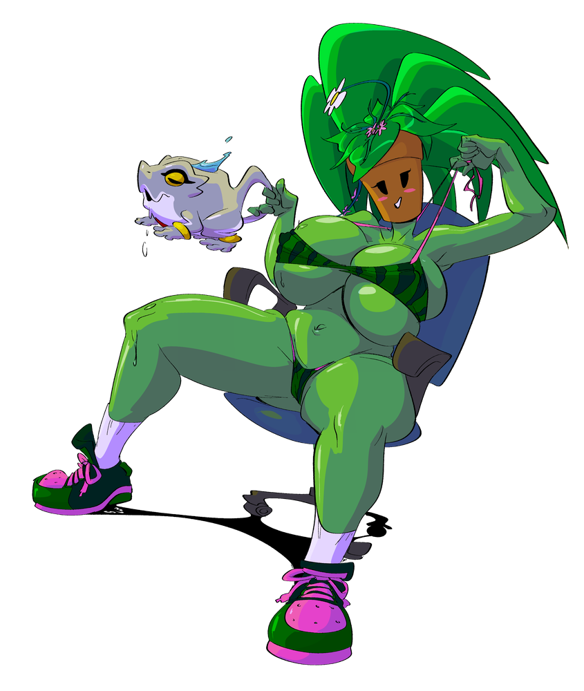 2020 anthro big_breasts bikini blaster_master blush blush_stickers breasts chair cleavage clothed clothing curvy female flora_fauna flower footwear furniture green_body green_skin holding_object huge_breasts humanoid kanna_(blaster_master) leaf mob_face nipple_bulge plant plant_humanoid plantie shoes simple_background sitting skimpy slb sneakers socks solo video_games voluptuous white_background