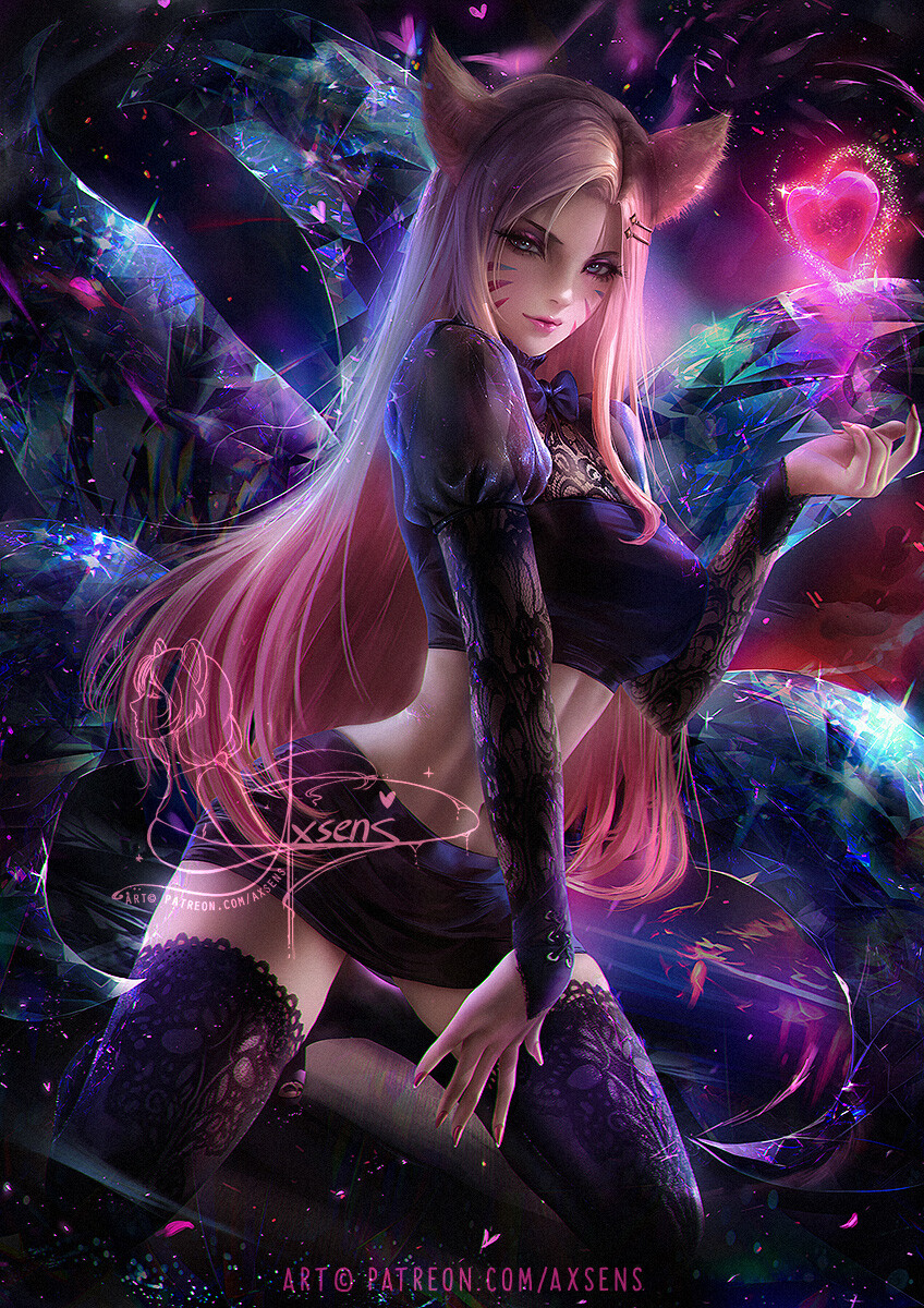 ahri, axsens, big breasts, breasts, cat ears, female, k/da ahri, k/da all out ahri, k/da all out series, league of legends, pink hair, riot games, the baddest ahri