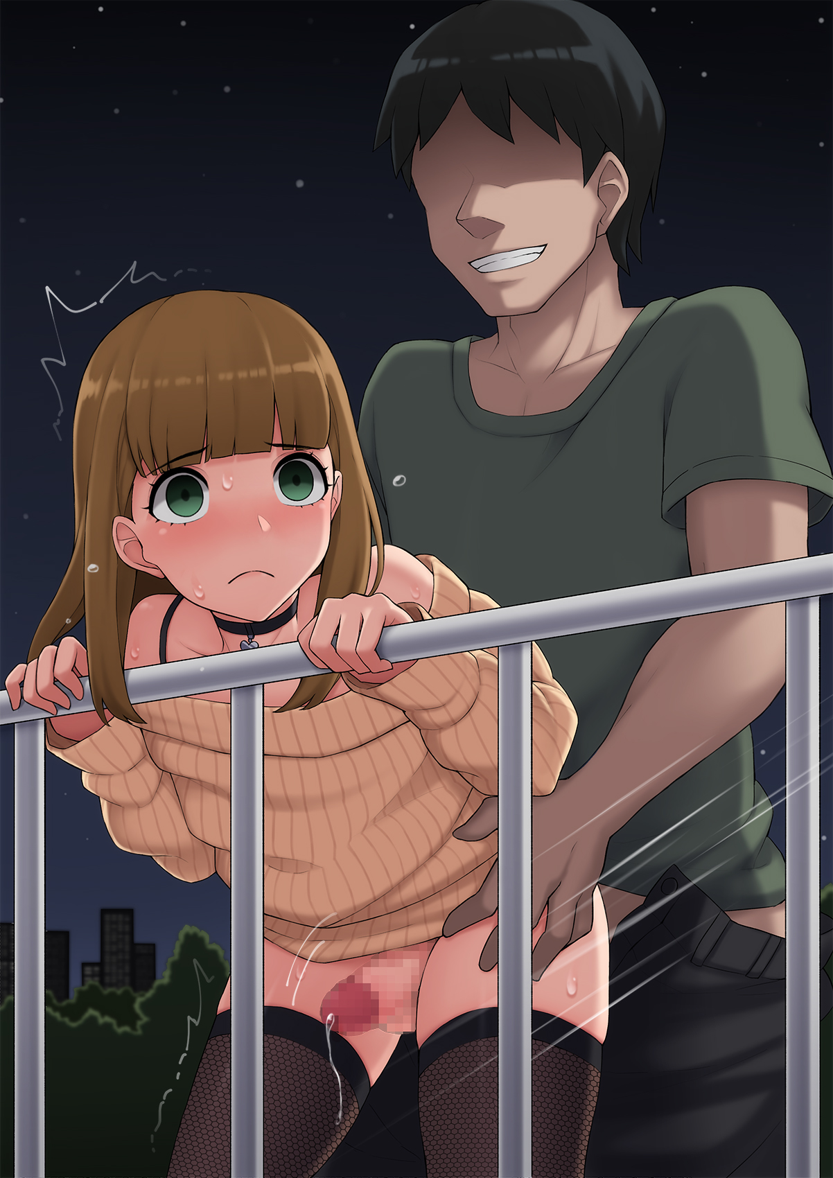 2boys, anal, anal sex, artist cg, bottomless, brown hair, censored, choker, crossdressing, erection, exhibitionism, femboy, from behind, green eyes, long hair, male, male only, mana/manabu hoshino, mesu ochi hanayome kare ga kanojo ni ochita wake, mosaic censoring, penis, precum, sex, standing, stockings, trap, wataya 2, yaoi