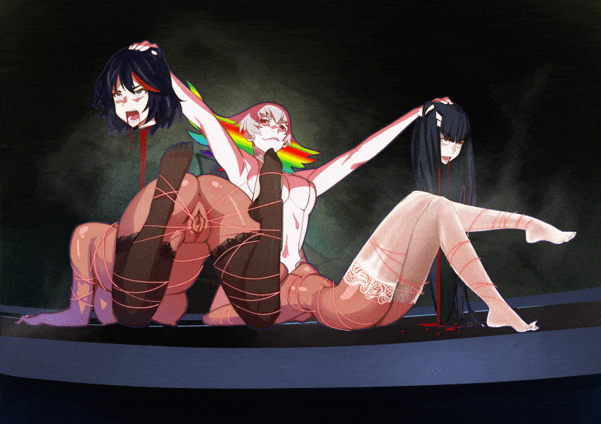 bad_end black_hair blood bondage cannibalism cooking dead death decapitation female_death gore guro headless imminent_cannibalism implied_cannibalism kill_la_kill kiryuuin_ragyou kiryuuin_satsuki matoi_ryuuko nude rainbow_hair thighhighs tied_up