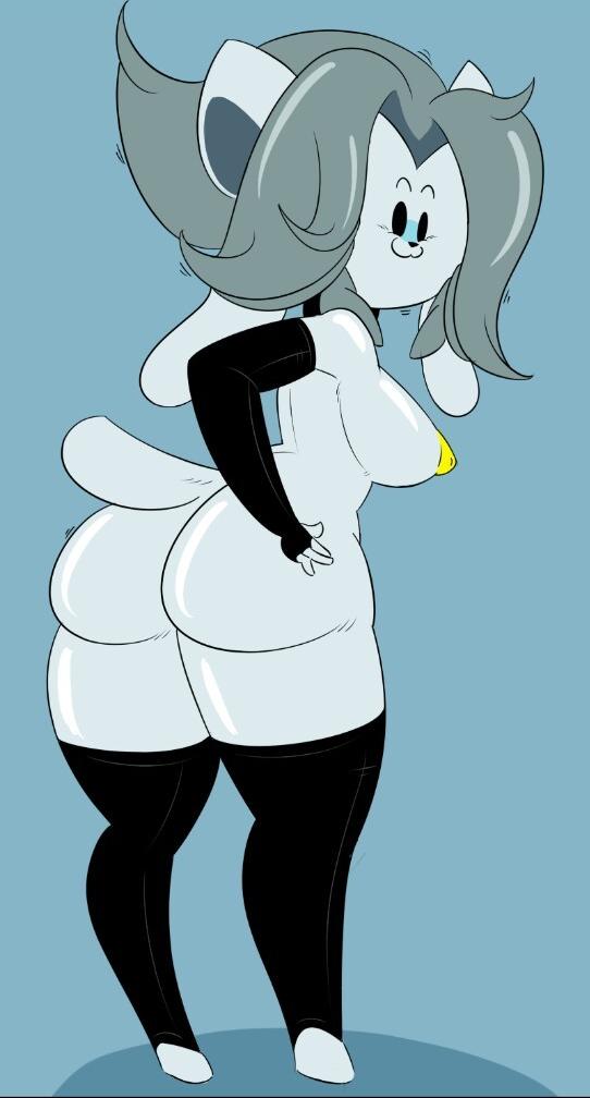 :3, 2d, anthro, areolae, armwear, ass, big ass, big butt, breasts, clothing, dongitos, female, grey hair, hair, legwear, looking at viewer, looking back, mostly nude, nipples, smile, solo, tail, tem, temmie, temmie (undertale), thick thighs, thighhighs, undertale, undertale (series), video games, wide hips, yellow nipples