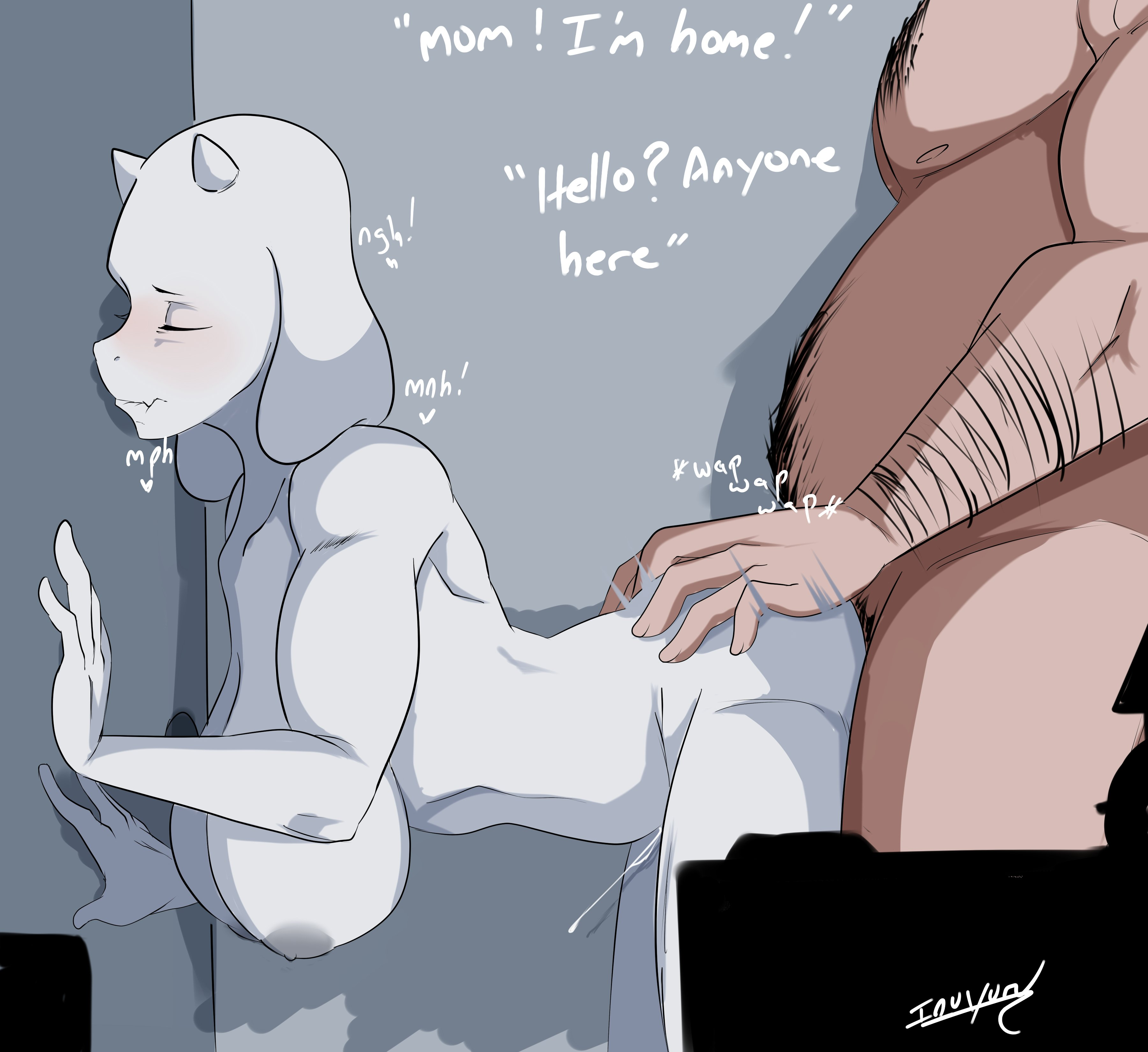 anthro, boss monster, breasts, caprine, commission, doggy style, english text, faceless male, female, female penetrated, human, human on anthro, interspecies, inuyuru, light skin, light-skinned male, male, male human/female anthro, male human/female monster, male penetrating, male penetrating female, male/female, mature anthro, mature female, mature male, milf, monster, mother, motherly cuckold, nipples, penetration, pleasure face, pubes, sex, straight, text, toriel, undertale