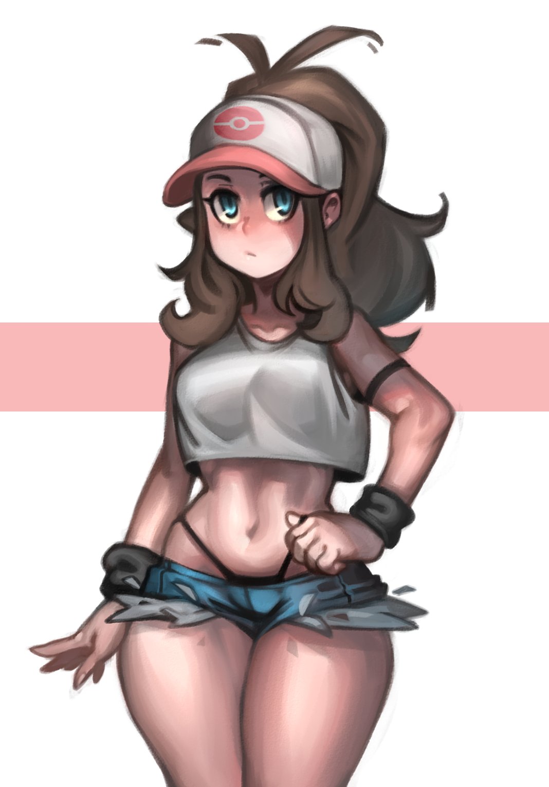 1girls, black thong, blue eyes, blush, breasts, brown hair, female, hat, hilda (pokemon), kelvin hiu, light skin, light-skinned female, long hair, minishorts, nintendo, pale skin, pale-skinned female, pokemon, pokemon bw, ponytail, shorts, thick thighs, thighs, thong, wide hips