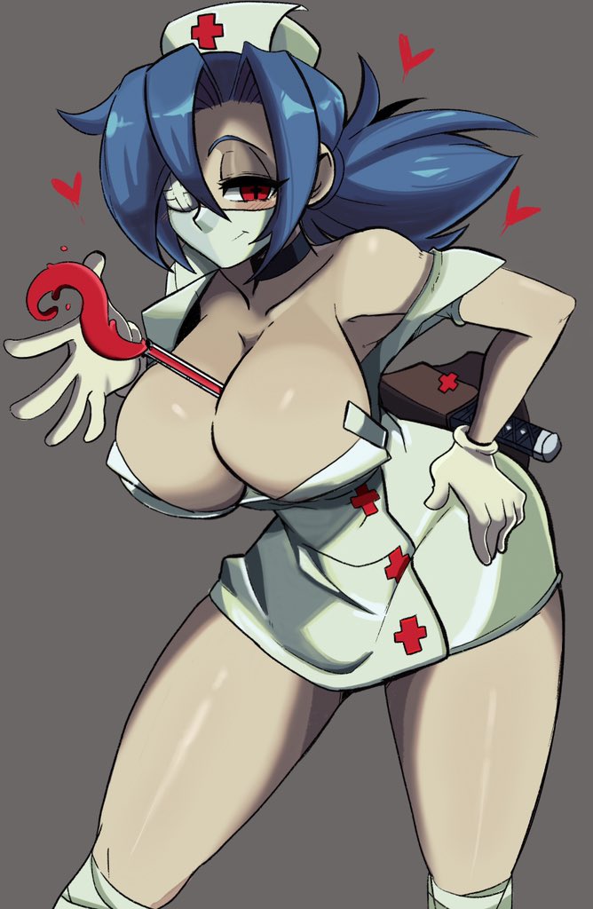 between_breasts big_breasts blue_hair huge_breasts looking_at_viewer nurse_cap red_eyes skullgirls thick_thighs valentine_(skullgirls) yoshiikirablr