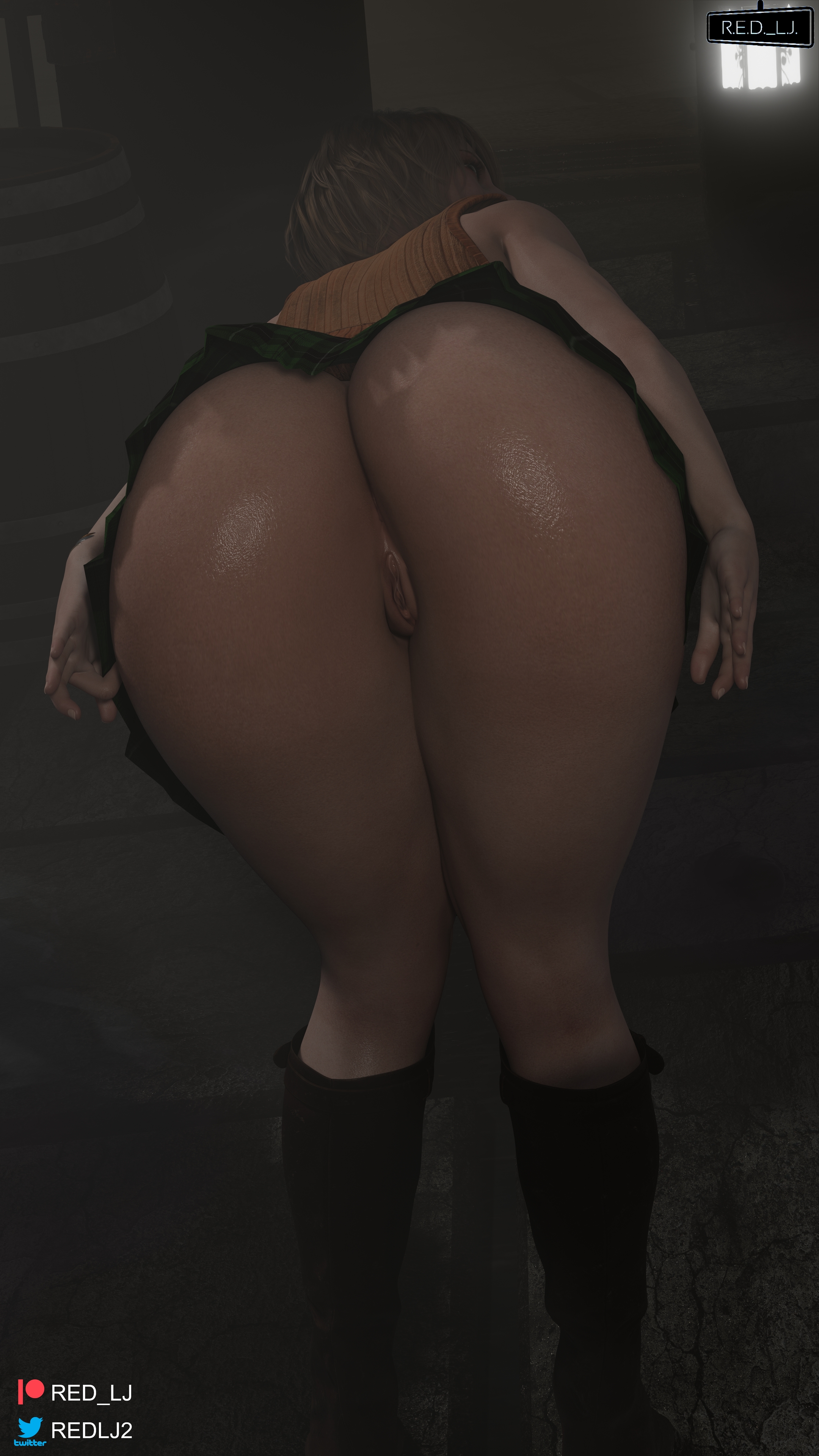1girls, 3d, american, aqua eyes, ashley graham, ashley graham (ella freya), ass, big ass, blender (software), blonde hair, blue eyes, capcom, checkered skirt, cute, dark room, female, female only, green eyes, green skirt, imminent sex, invitation, light skin, light-skinned female, looking at viewer, looking back, medium hair, no panties, open skirt, petite, presenting ass, pussy, red lj, resident evil, resident evil 4, resident evil 4 remake, skirt, solo, turtleneck, uniform, vagina, yellow hair