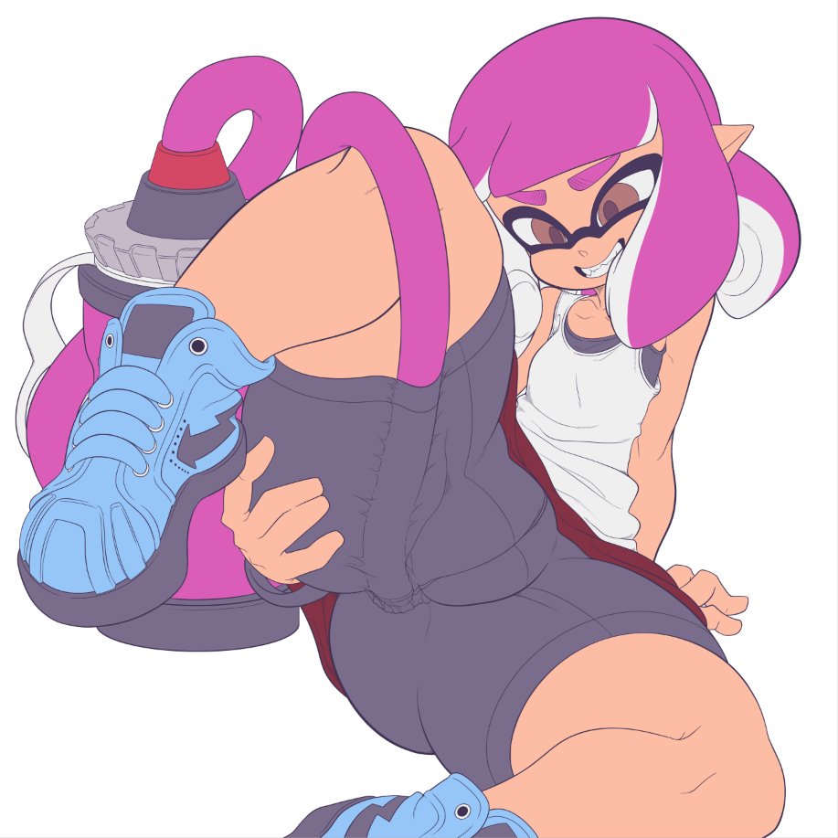 aged up, anal insertion, ass, ass focus, ass grab, color, colored, enema, fat mons, female, female only, flat colors, inkling, inkling girl, kaikoinu, light skin, light-skinned female, looking pleasured, looking to the side, nintendo, pink hair, puffy pussy, pussy, short hair, shorts, shortstack, smile, smiling, splatoon, splatoon 2