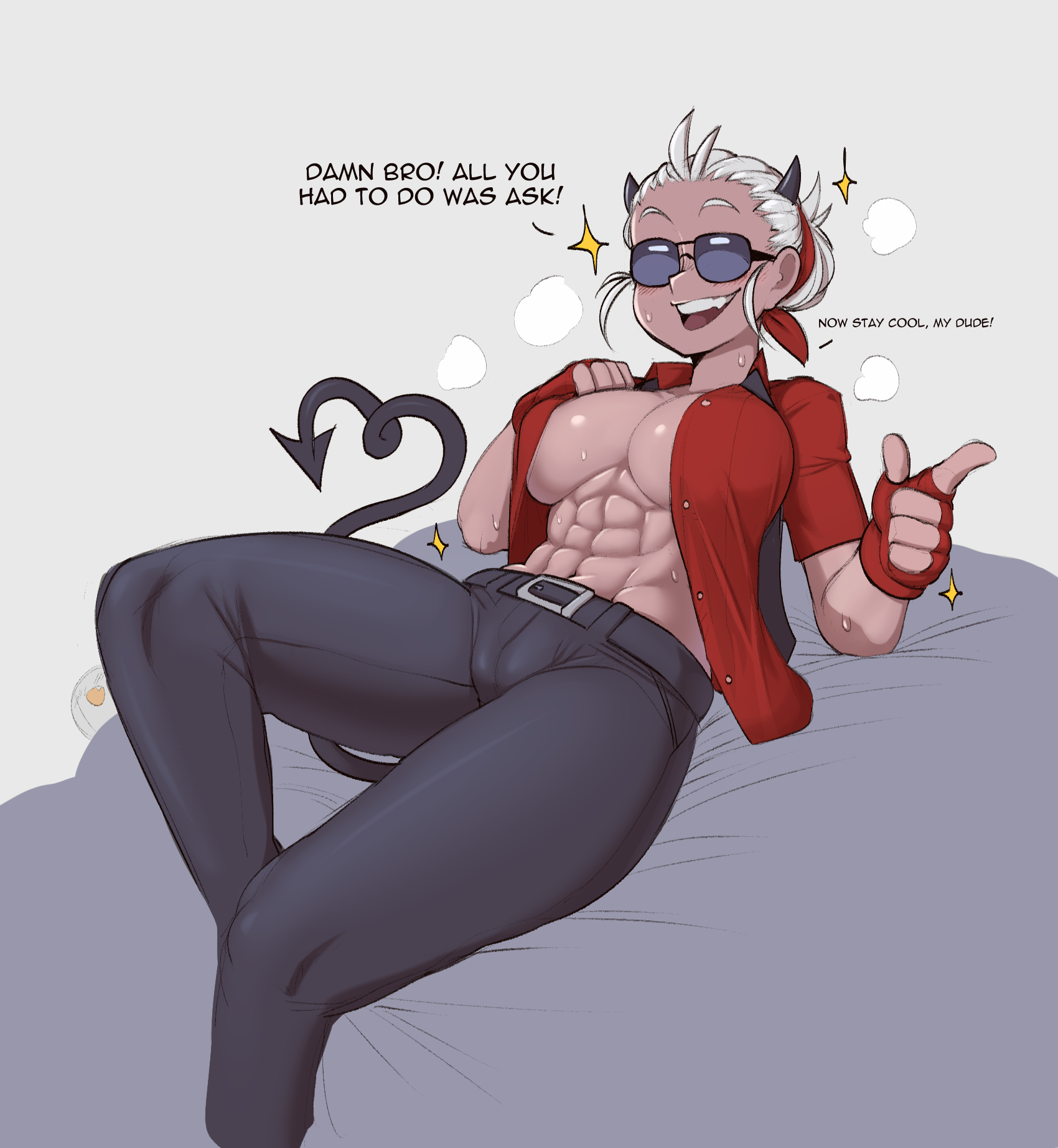 1girls, abs, ass, big ass, big breasts, breasts, clothing, devil horns, edit, english text, female, female only, fingerless gloves, glasses, gloves, helltaker, horn, horns, justice (helltaker), krekk0v, looking at viewer, muscles, muscular, muscular female, navel, open mouth, smile, solo, solo female, sunglasses, sweat, tail, text, thick thighs, third-party edit, tinted eyewear, tomboy