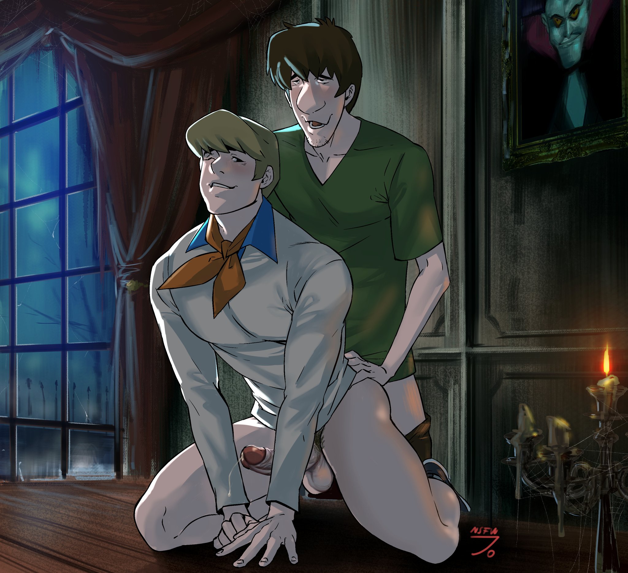 2boys, ahe gao, anal, anal penetration, anal sex, artist signature, balls, big nose, big penis, blonde hair, blush, bottomless, brown hair, color, cum, curtains, erection, foreskin, fred jones, gay, half naked, hanna-barbera, human, human only, indoors, jonsfw, light skin, light-skinned male, lit candle, looking to the side, male, male focus, male only, male/male, mystery inc, night, on table, one eye closed, painting (artwork), partially clothed, penis, pleasure face, precum, retracted foreskin, scooby-doo, shaggy rogers, shirt, shoes, smile, table, testicles, uncircumcised, uncut, vampire, western, wince, window, yaoi
