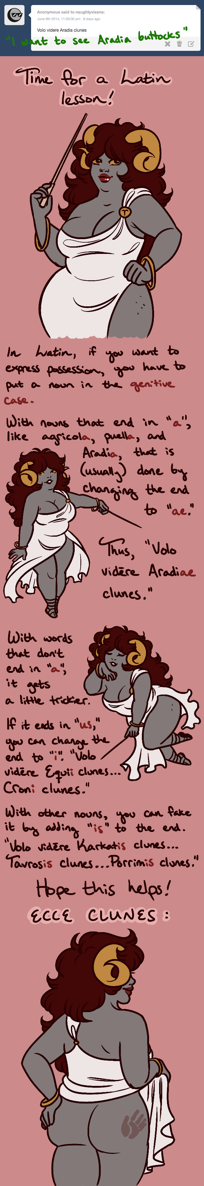 1girls aradia_megido ass black_hair chubby comic dialogue dress educational grey_skin hand_mark homestuck horn latin_text long_hair ms_paint_adventures naughtyvixens red_background skirt_lift solo text troll