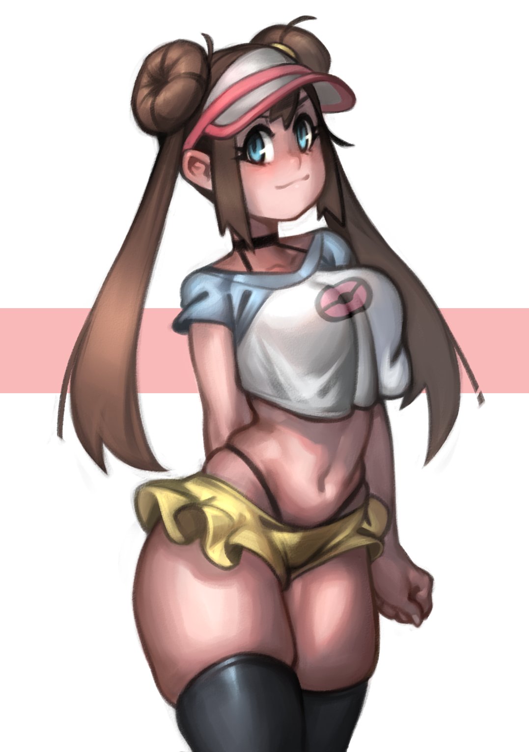 1girls, black thong, blue eyes, blush, brown hair, choker, double bun, eye contact, female, kelvin hiu, light skin, light-skinned female, long hair, looking at viewer, miniskirt, nintendo, pale skin, pale-skinned female, pokemon, pokemon bw2, rosa (pokemon), thick thighs, thighhighs, thong, twintails