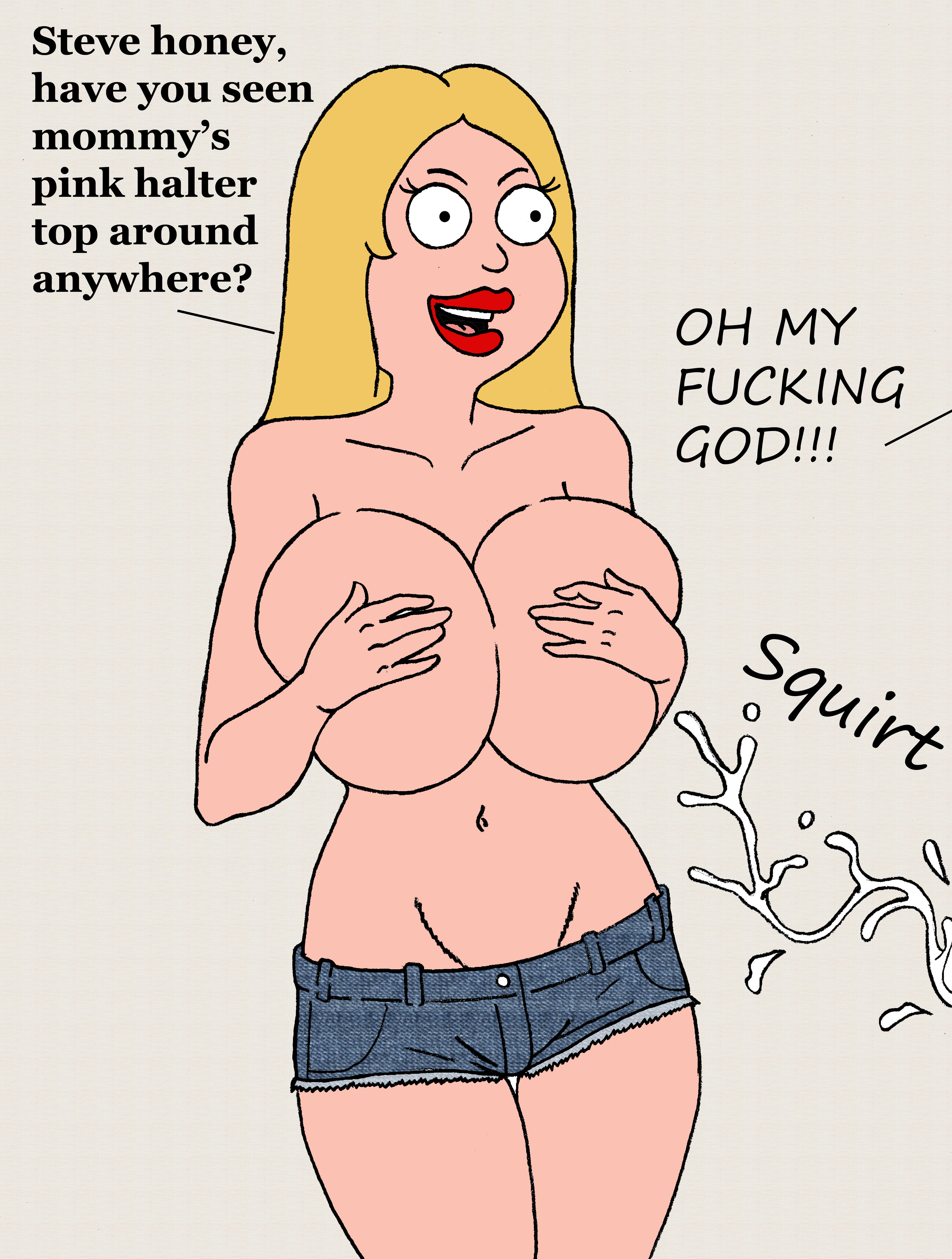alternate breast size, american dad, bimbo body, breasts, cumshot, female, francine smith, large breasts, milf, offscreen character, offscreen masturbation, sbb