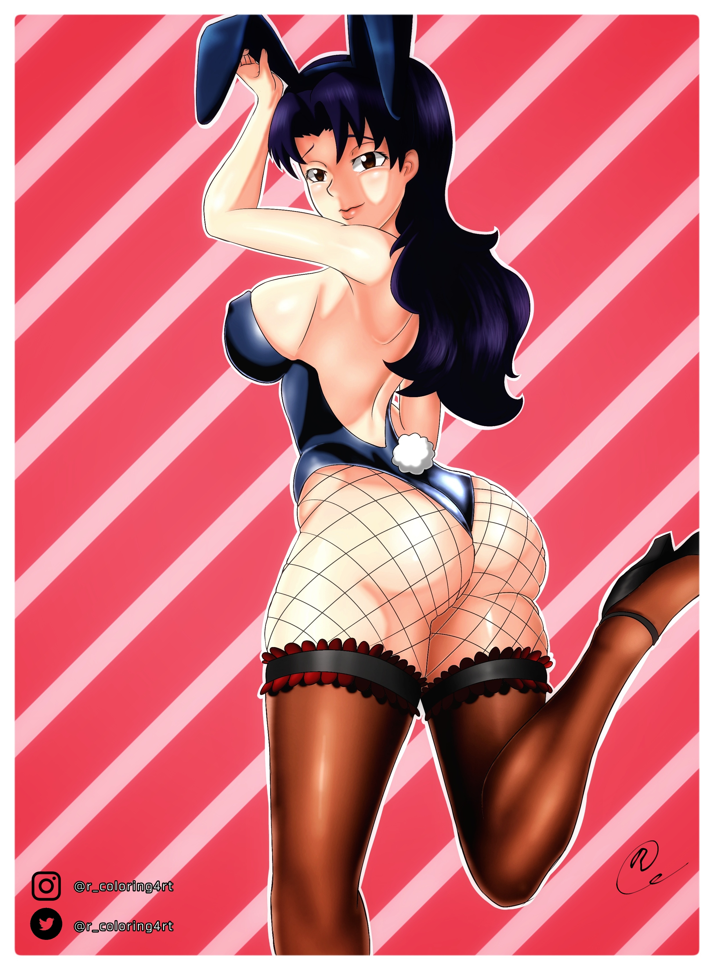 1girls, ass, breasts, brown eyes, bunny ears, bunny tail, bunnysuit, clothing, dark hair, fake animal ears, female, female only, fishnet stockings, fishnets, heels, high heels, large breasts, leotard, long hair, looking at viewer, looking back, misato katsuragi, neon genesis evangelion, purple hair, rcolorsex, signature, simple background, solo, stockings, tagme