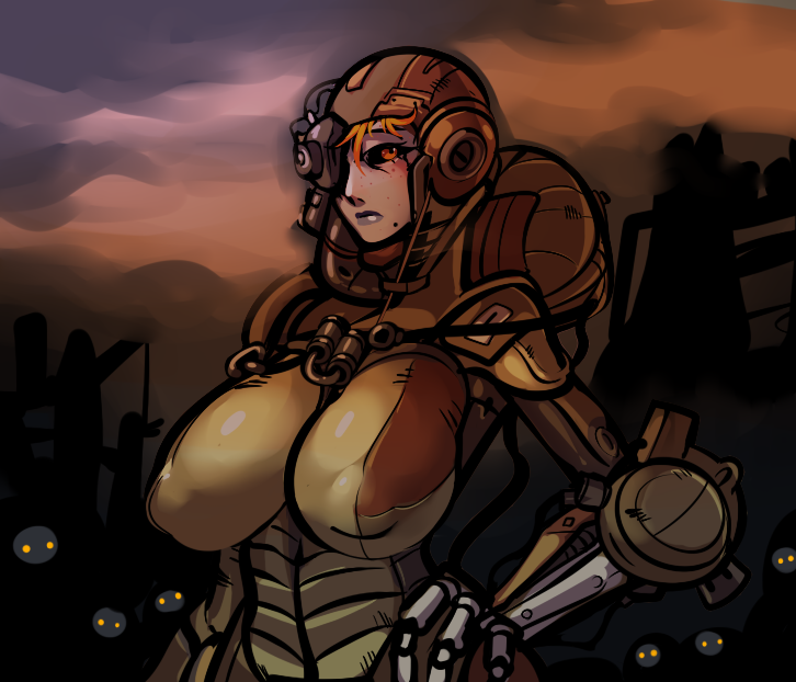 1girls ballista_(warframe) being_watched big_breasts black_sclera blue_lipstick female female_focus female_only grineer mole mole_under_mouth orange_hair prosthetic_arm puffy_nipples red_eyes s-purple short_hair warframe