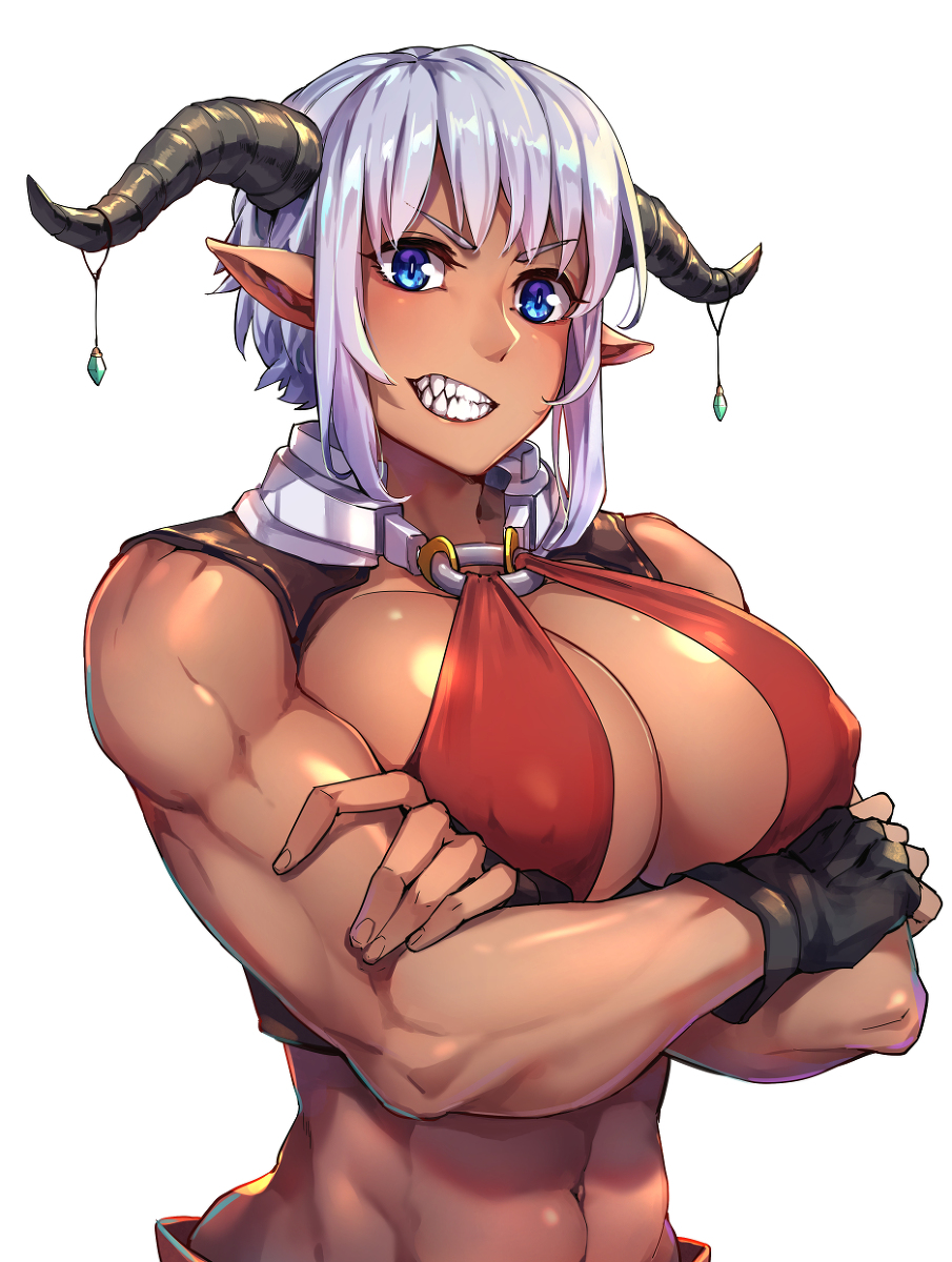 abs large_breasts mr._lime muscular_female nipple_bulge oni sharp_teeth