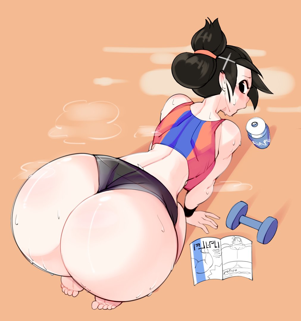 1girls, ass, big ass, blush, bulumble-bee, feet, female, female only, huge ass, looking at viewer, looking back, mizuki (bulumble-bee), original, sweat, toes