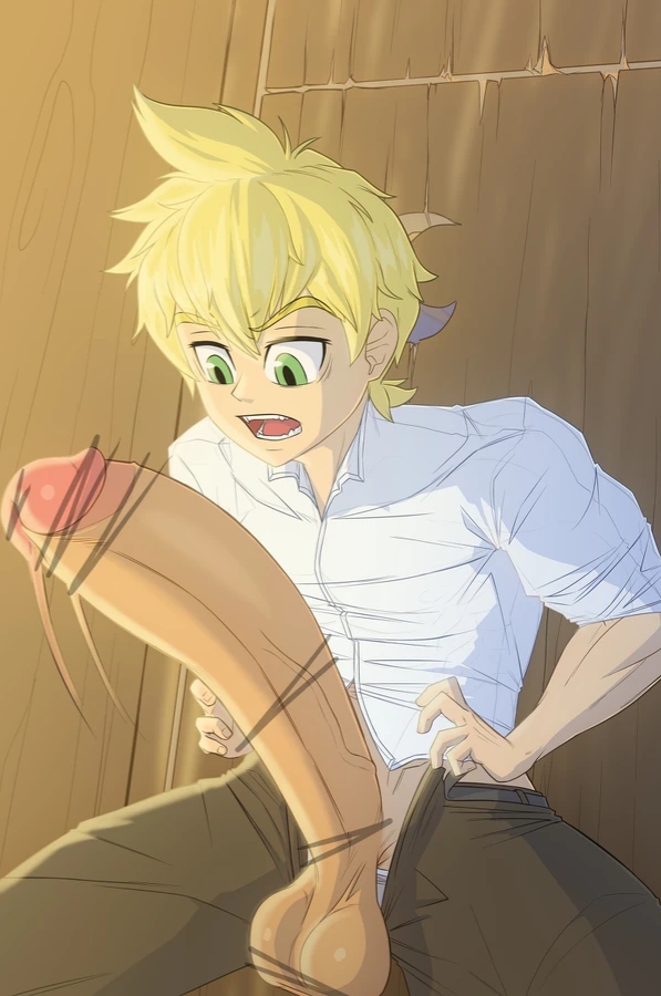 1boy, balls, censor bar, censored, censored balls, censored penis, gay, genital growth, golden hair, green eyes, huge cock, human, hyper balls, hyper penis, hyper testicles, inicka-iniers, male, male only, penis, penis growth, solo male, staring at penis, surprised, testicles