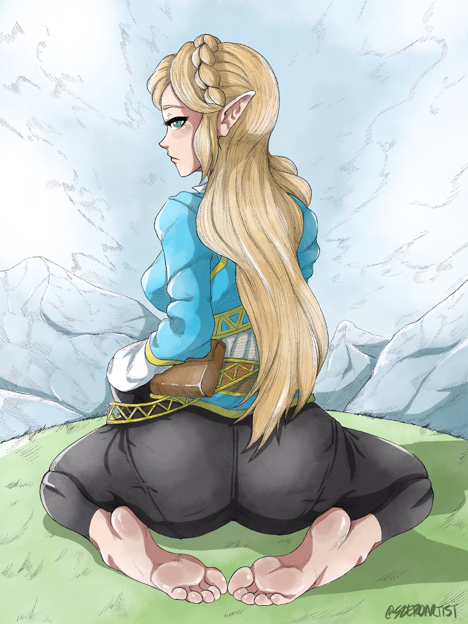 1girls, barefoot, blonde hair, breath of the wild, feet, female, green eyes, looking at viewer, looking back, nintendo, princess zelda, soles, szeroart, the legend of zelda, zelda (breath of the wild)