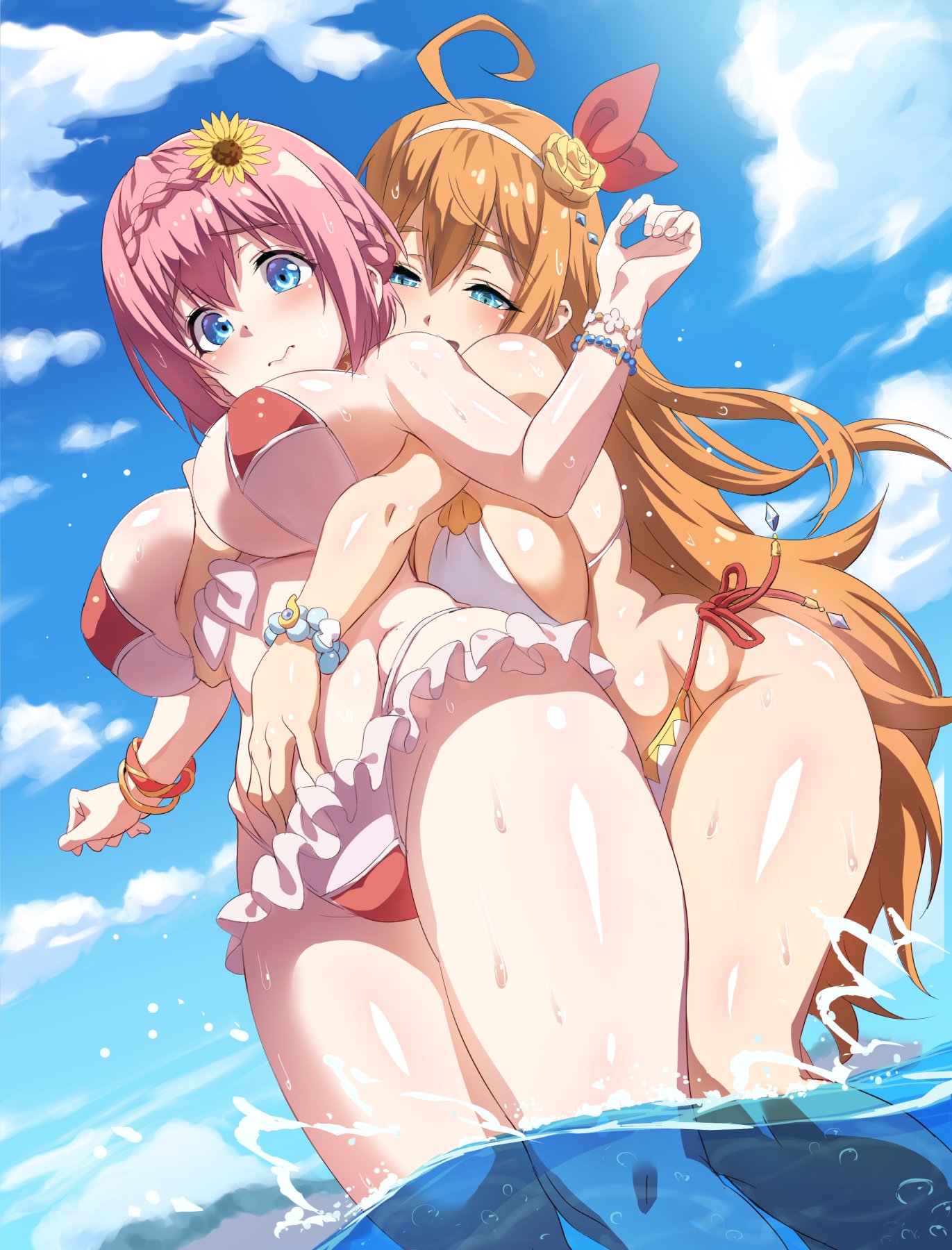 big breasts, breasts, clothed female, female, female focus, female only, female/female, long hair, pecorine, princess connect! re:dive, short hair, taruhotaru, yui (princess connect!), yuri