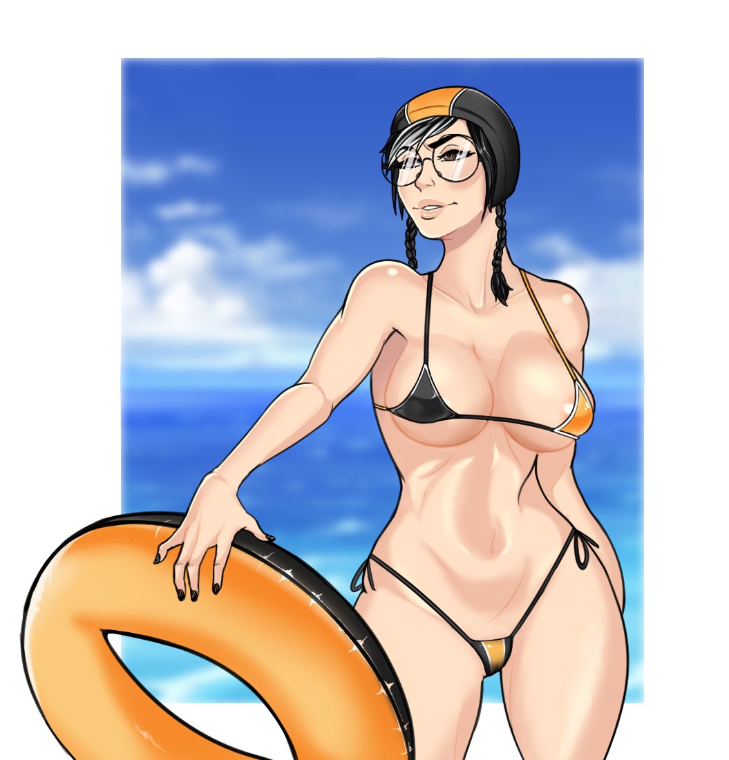 1girls beach bikini black_hair brown_eyes campi dokkaebi_(rainbow_six) female_only glasses huge_breasts large_ass rainbow_six rainbow_six_siege solo tagme tom_clancy