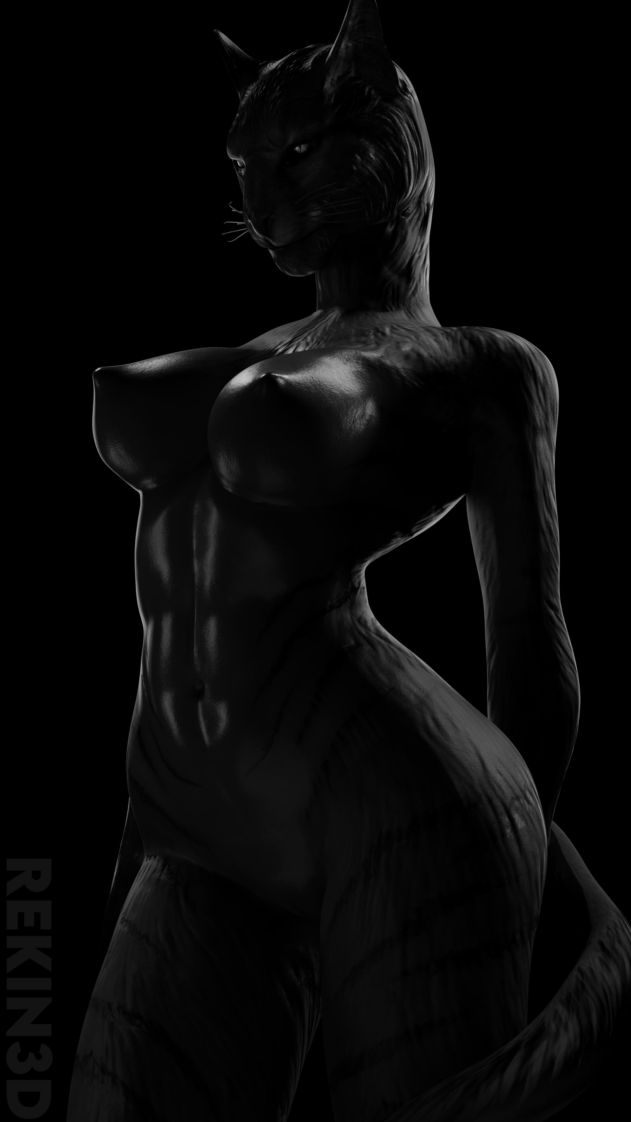 1girls, 3d, 4k, abs, absurdres, anthro, areolae, big breasts, blender, breasts, comandorekin, female, female only, furry, highres, khajiit, large breasts, monochrome, nipples, nude, rekin3d, solo, solo female, the elder scrolls