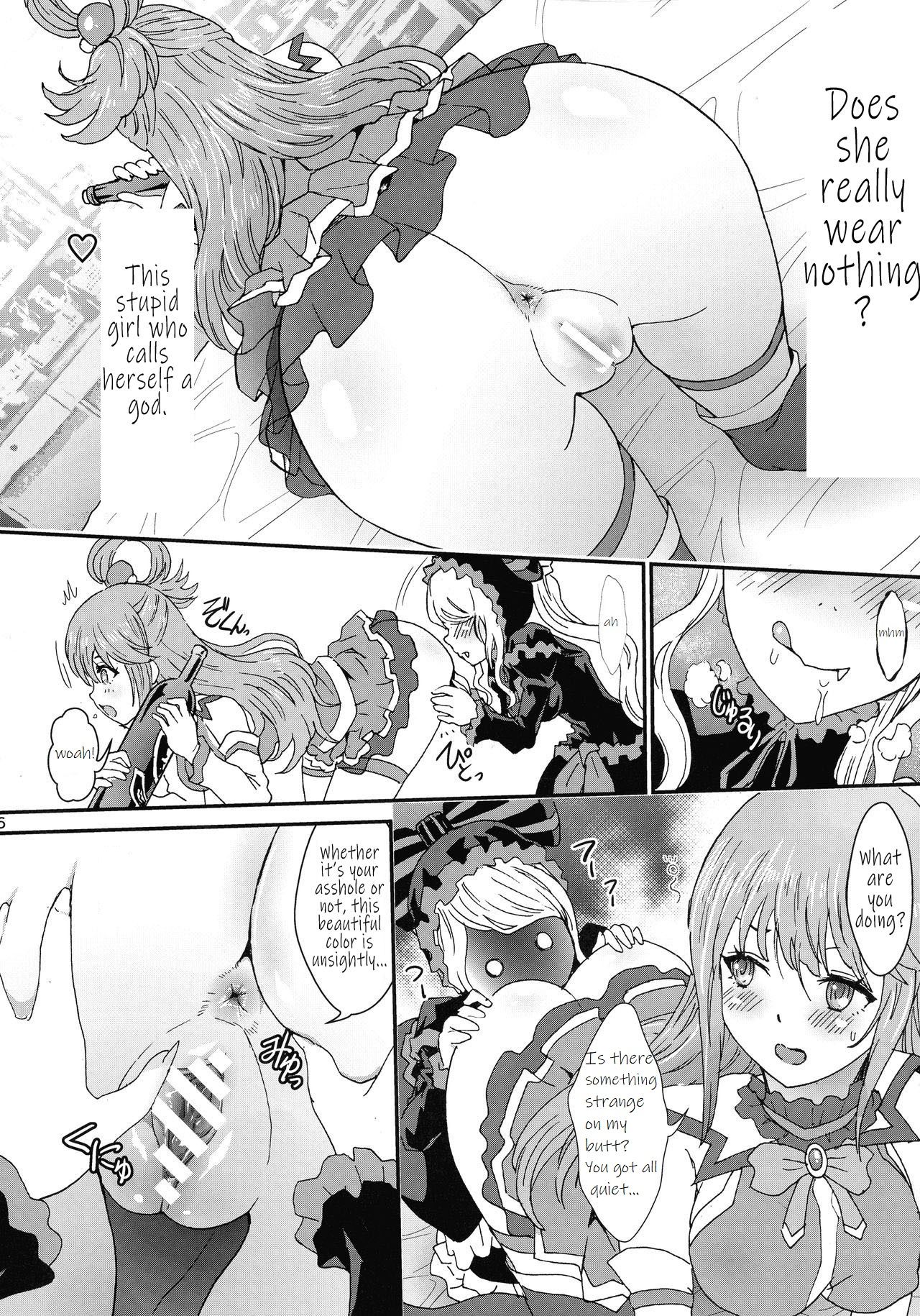 2girls, alcohol, anus, aqua (konosuba), ass, bent over, black bar censoring, blushing, bottle, censored, comic, corset, crossover, dialogue, drooling, drunk, english text, female, female only, goddess, goth, gothic lolita, isekai quartet, kono subarashii sekai ni shukufuku wo!, looking at pussy, monochrome, no panties, overlord (maruyama), pussy, rurukichi, shalltear bloodfallen, spread pussy, vampire, yuri