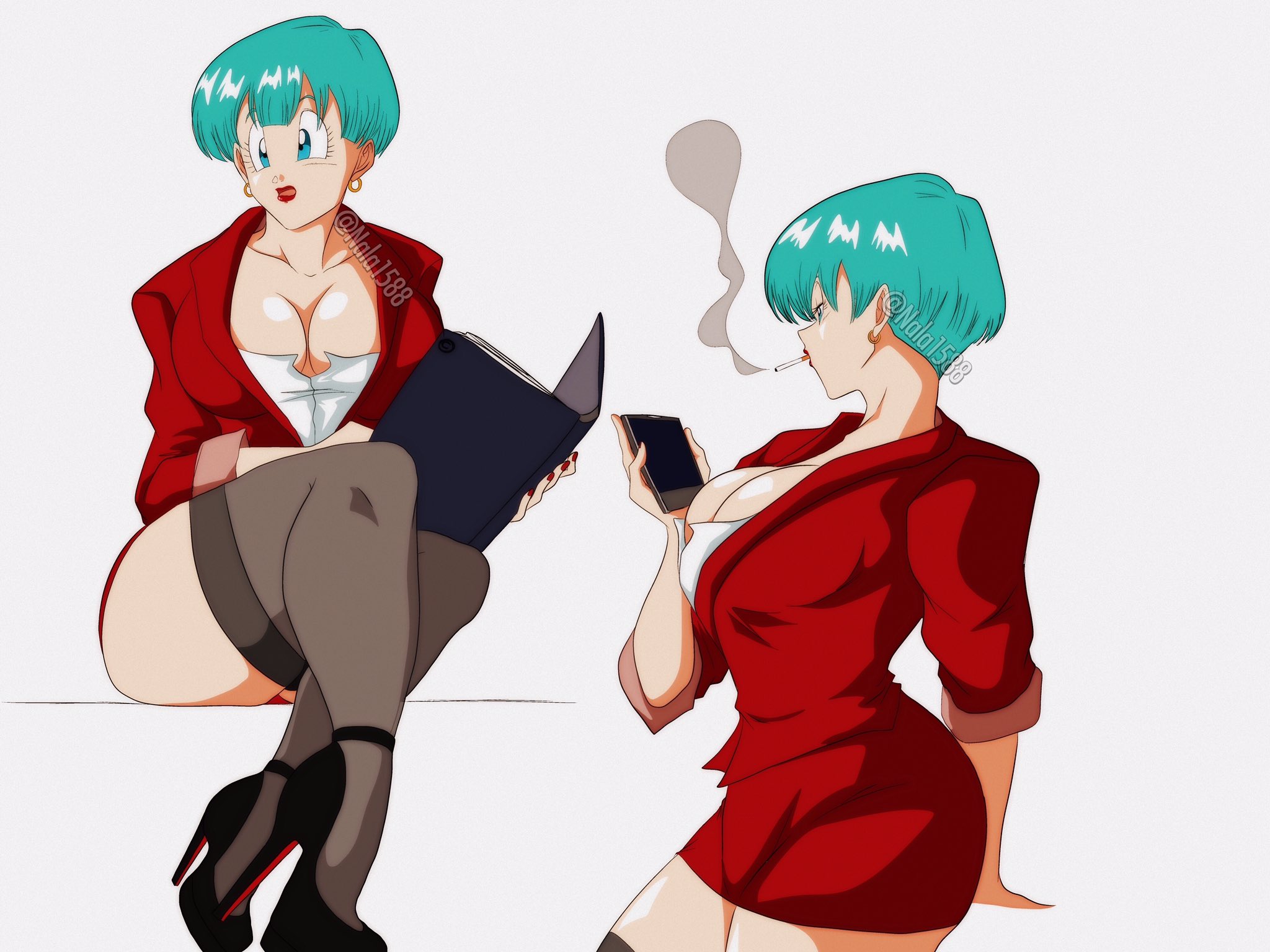1girls, blue hair, breasts, bulma briefs, cigarette, cleavage, dragon ball, dragon ball z, female, female only, huge breasts, milf, nala1588, office lady, short hair, shounen jump, smoking, solo, solo female