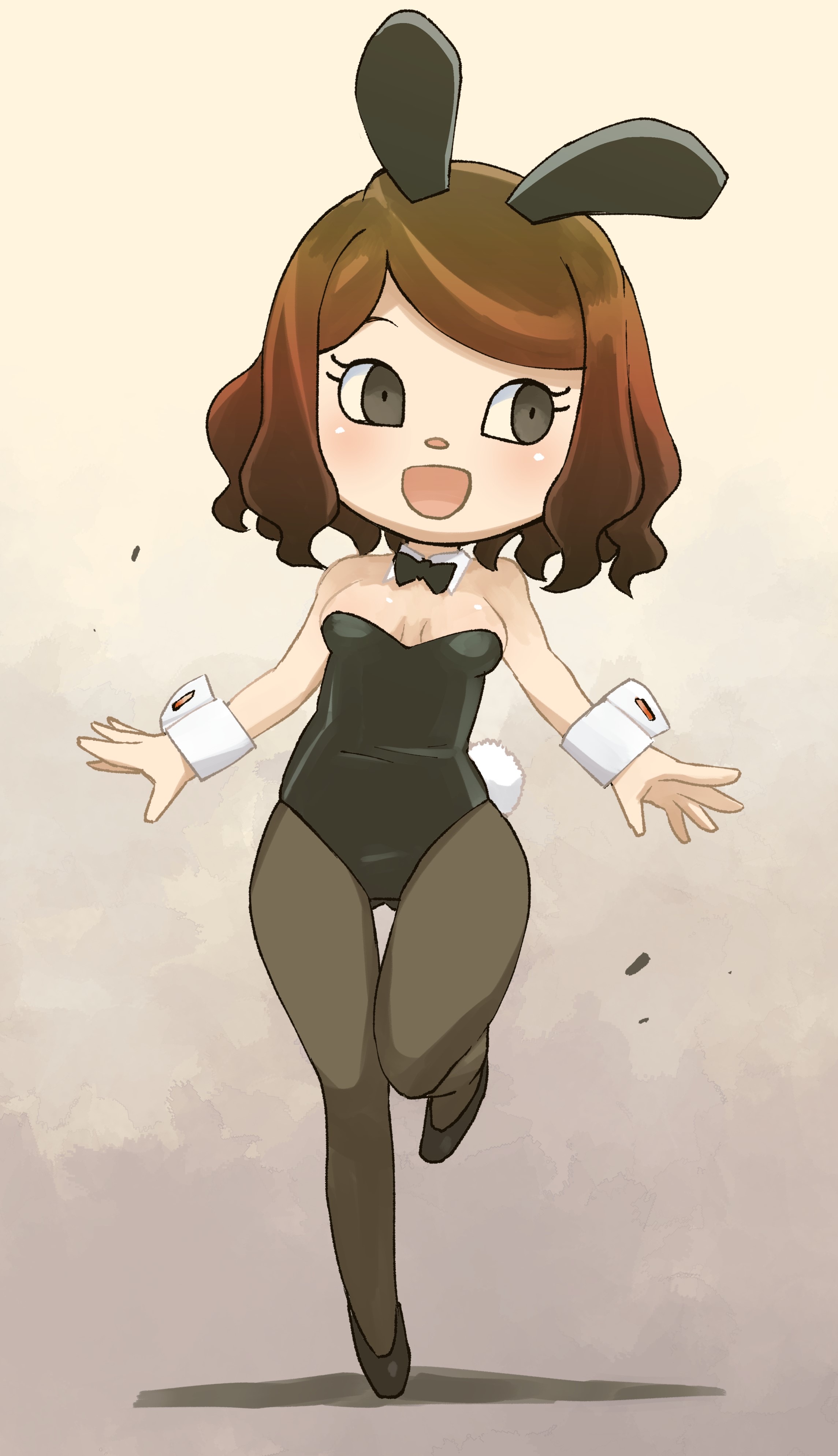 2020, animal crossing, animal crossing girl, ass visible through thighs, black eyes, breasts, brown hair, bunny ears, bunnysuit, cleavage, female, female only, happy, high heels, mob face, muramasa mikado, murana (muramasa mikado), nintendo, only player, thighs, villager (animal crossing), wide hips