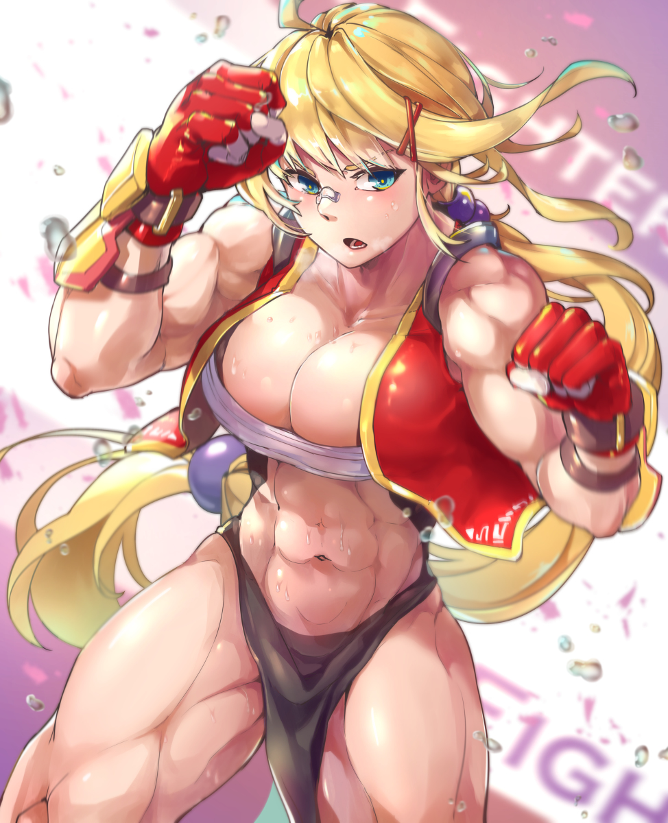 abs blonde_hair boxing_gloves large_breasts mr._lime muscular_female sweat thick_thighs