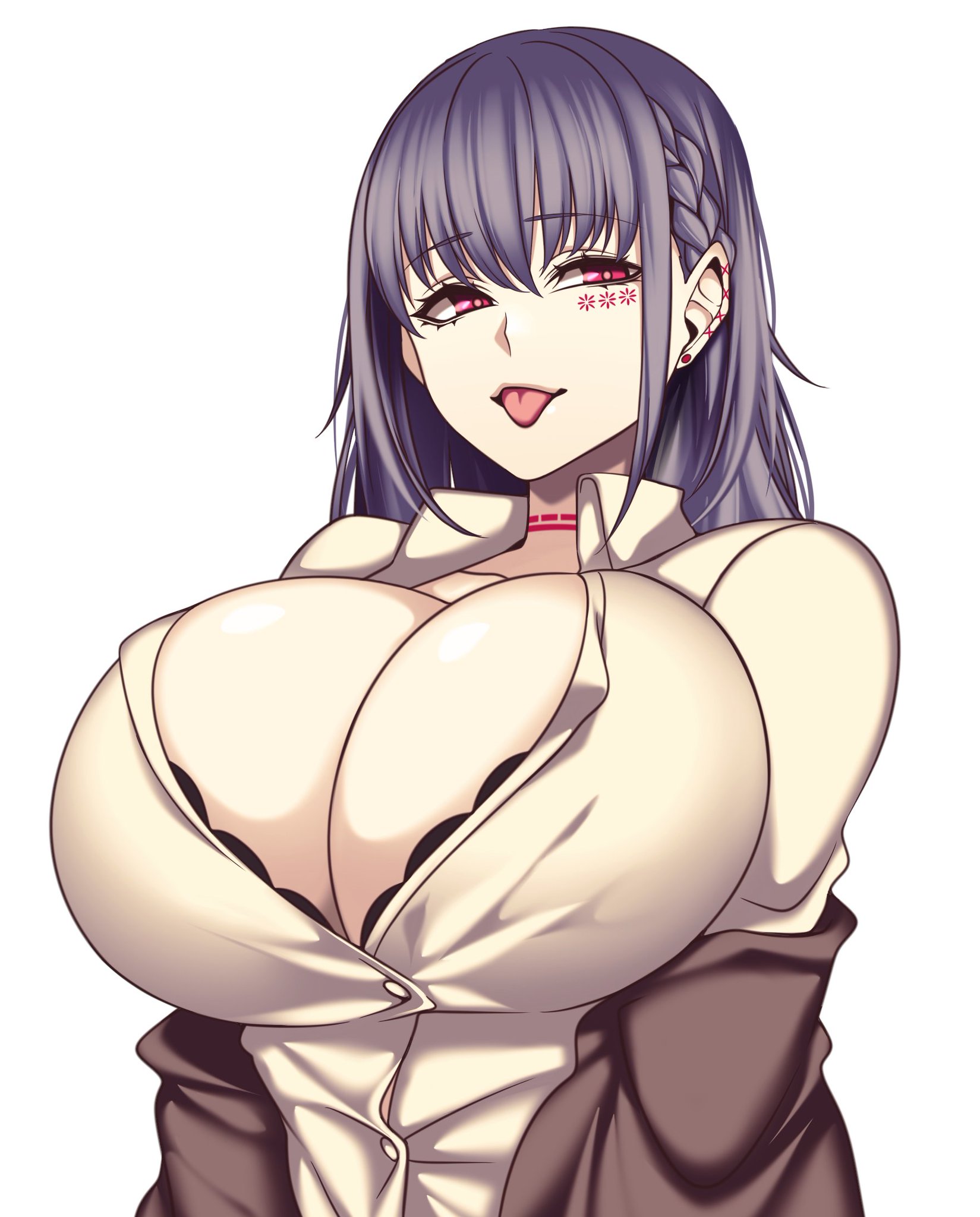 1girls, big breasts, bra, breasts, camui kamui (hz 666v), cute, female, female only, licking lips, light skin, light-skinned female, marking below eyes, original, purple eyes, seductive, solo, tongue, tongue out, top heavy, unbuttoned, white background, white hair