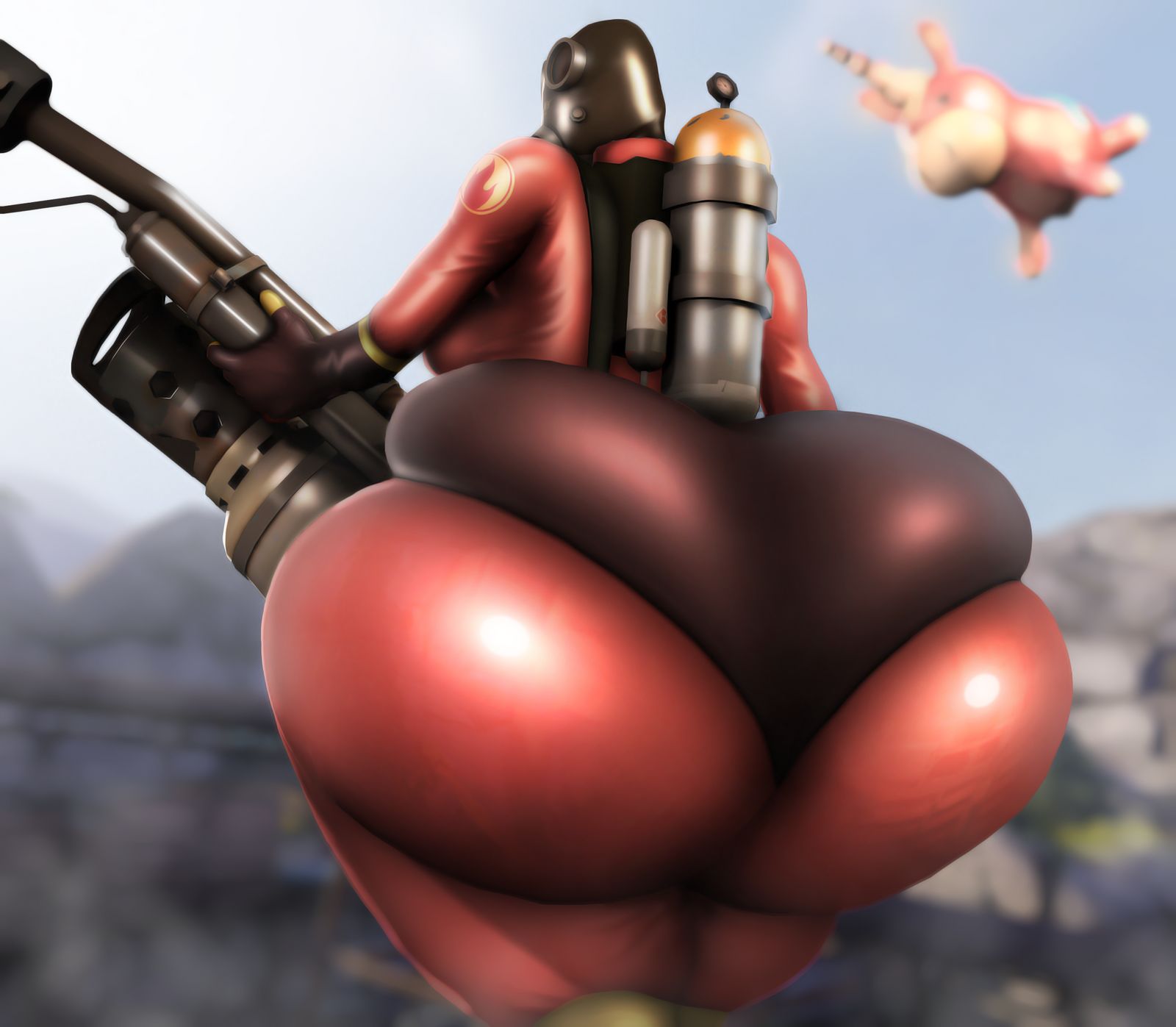 3d 3d_(artwork) back_turned balloonicorn butt_inflation female female_only fempyro flamethrower gas_mask hyper latex_bodysuit pyro pyro_(team_fortress_2) raikovjaba tagme team_fortress_2 thick_thighs valve wide_hips