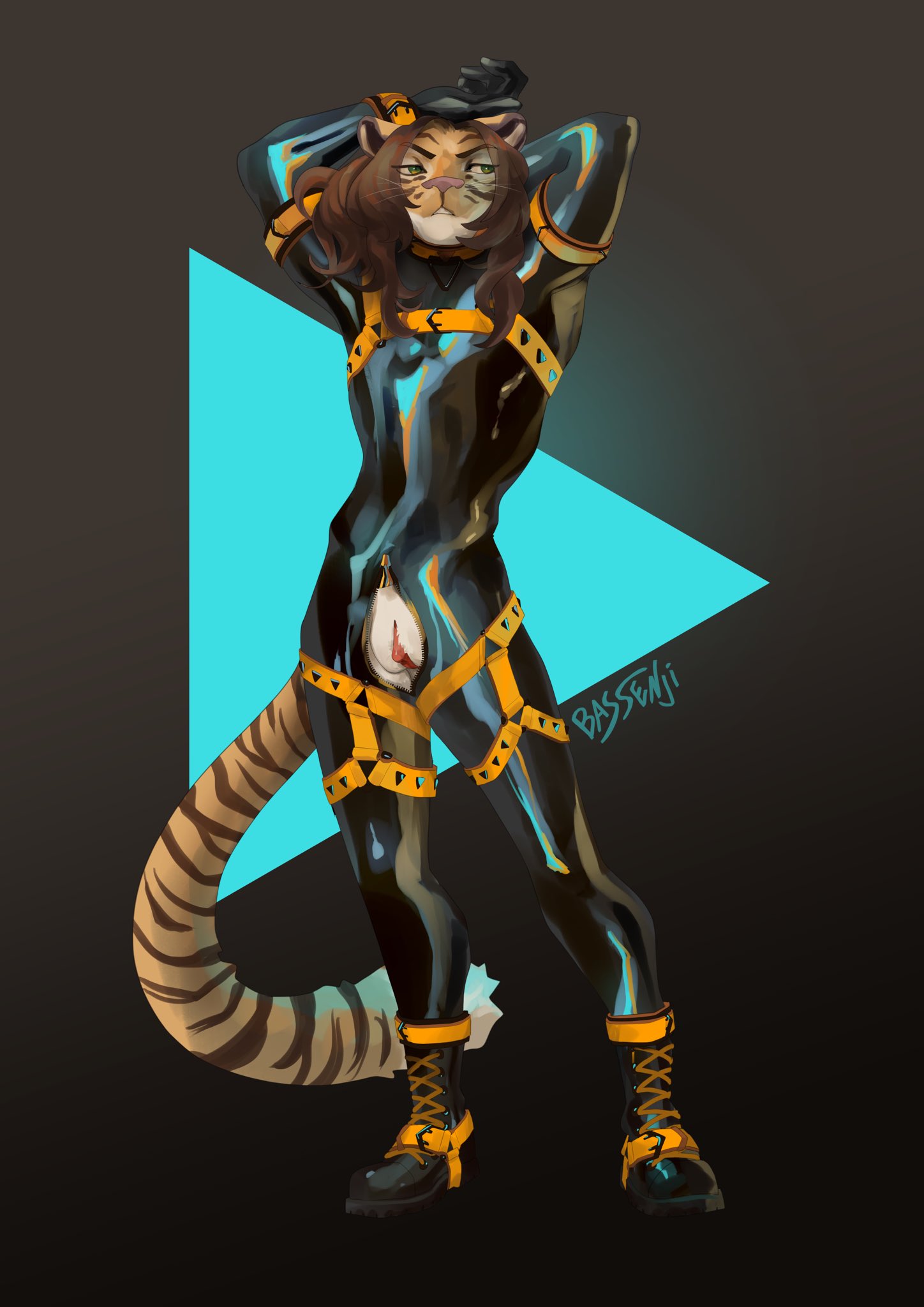 andromorph anthro bassenji boots brown_hair clothing cuntboy felid footwear genitals green_eyes hair hands_behind_head harness hi_res intersex long_hair mammal pantherine pussy rubber rubber_suit solo standing tiger