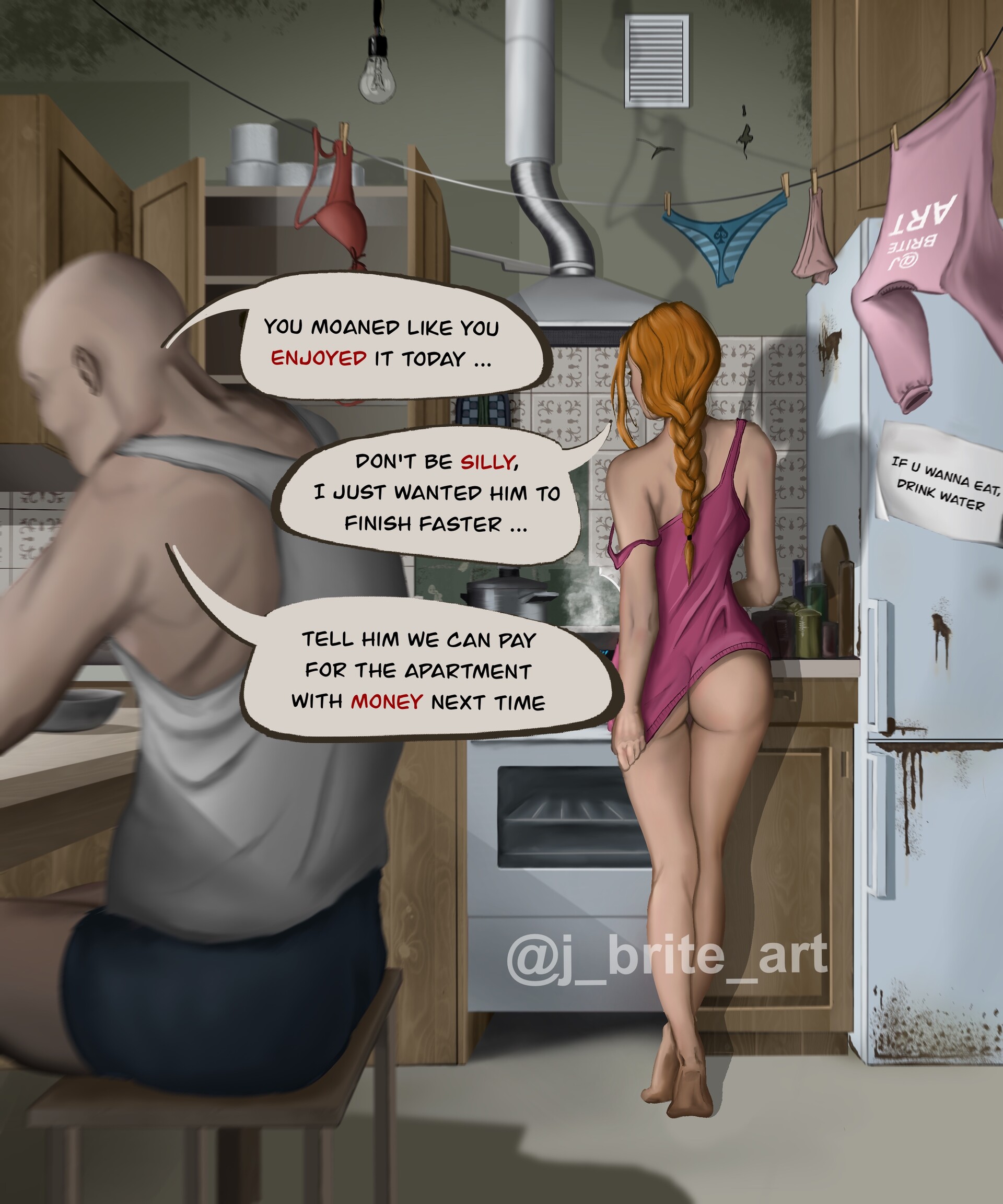 1boy, 1girls, after sex, ass, bottomless, cheating wife, cuckold, english text, female, jbrite, kitchen, male, ntr, queen of spades, red hair, text