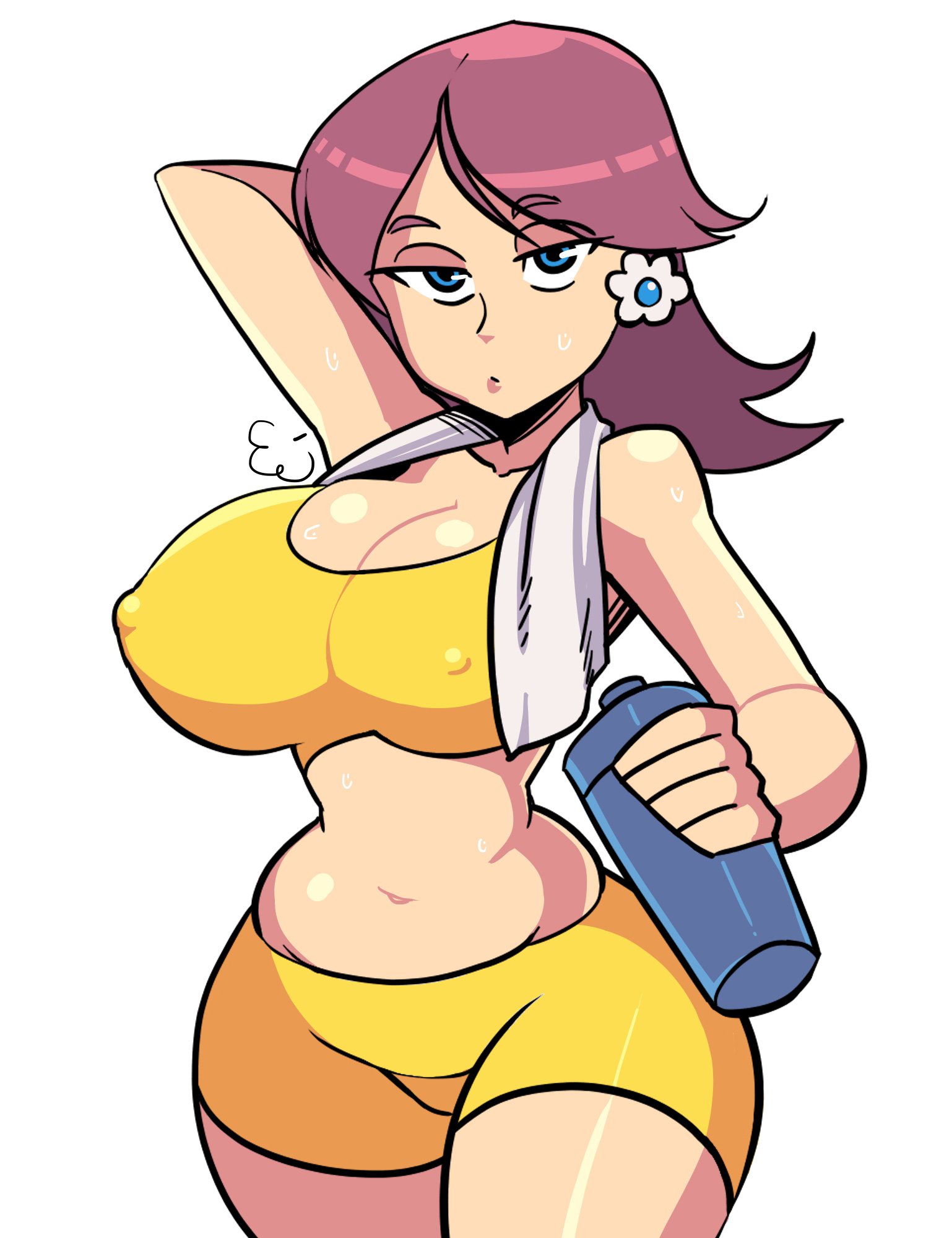 1girls, arm up, ayaiken, ayaman, big breasts, bike shorts, blue eyes, booty shorts, bottomwear, breasts, brown hair, cleavage, clothed female, clothing, earrings, female, female focus, female only, looking at viewer, mario (series), midriff, nintendo, nipple bulge, nipples, nipples visible through clothing, princess daisy, short hair, shorts, simple background, solo, solo female, solo focus, sports bra, sportswear, standing, sweat, thighs, tight clothing, topwear, white background, white skin