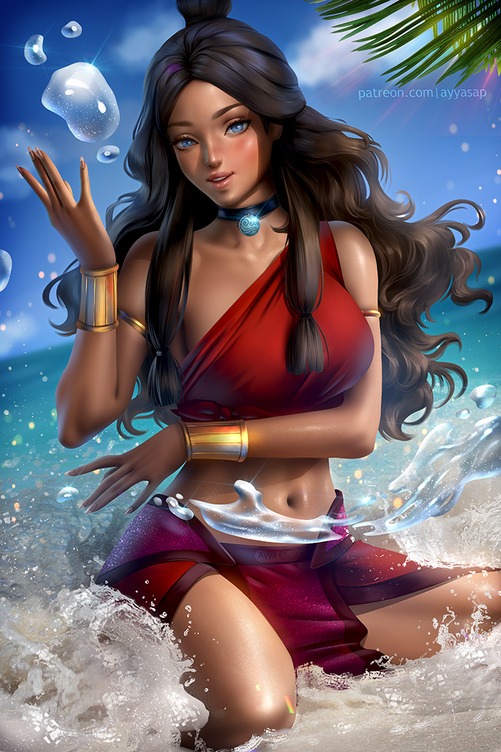 1girls, alternate breast size, avatar the last airbender, ayyasap, big breasts, breasts, clothing, dark skin, dark-skinned female, female, female focus, female only, hourglass figure, katara, large breasts, long hair, nickelodeon, solo, solo female, solo focus, straight hair, water