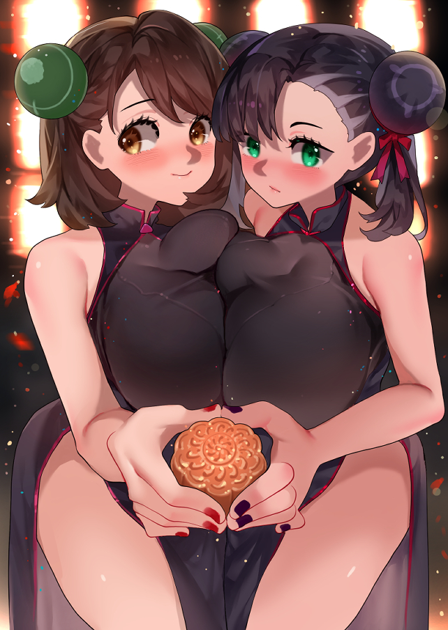 2girls, alternate breast size, big breasts, black dress, black hair, black nails, blush, breast to breast, breasts, brown hair, dress, female, female only, gloria (pokemon), green eyes, huge breasts, large breasts, light skin, light-skinned female, looking at viewer, marnie (pokemon), nintendo, pale skin, pale-skinned female, pokemon, pokemon ss, red nails, short hair, sumisumii, thick thighs, thighs, traditional clothes