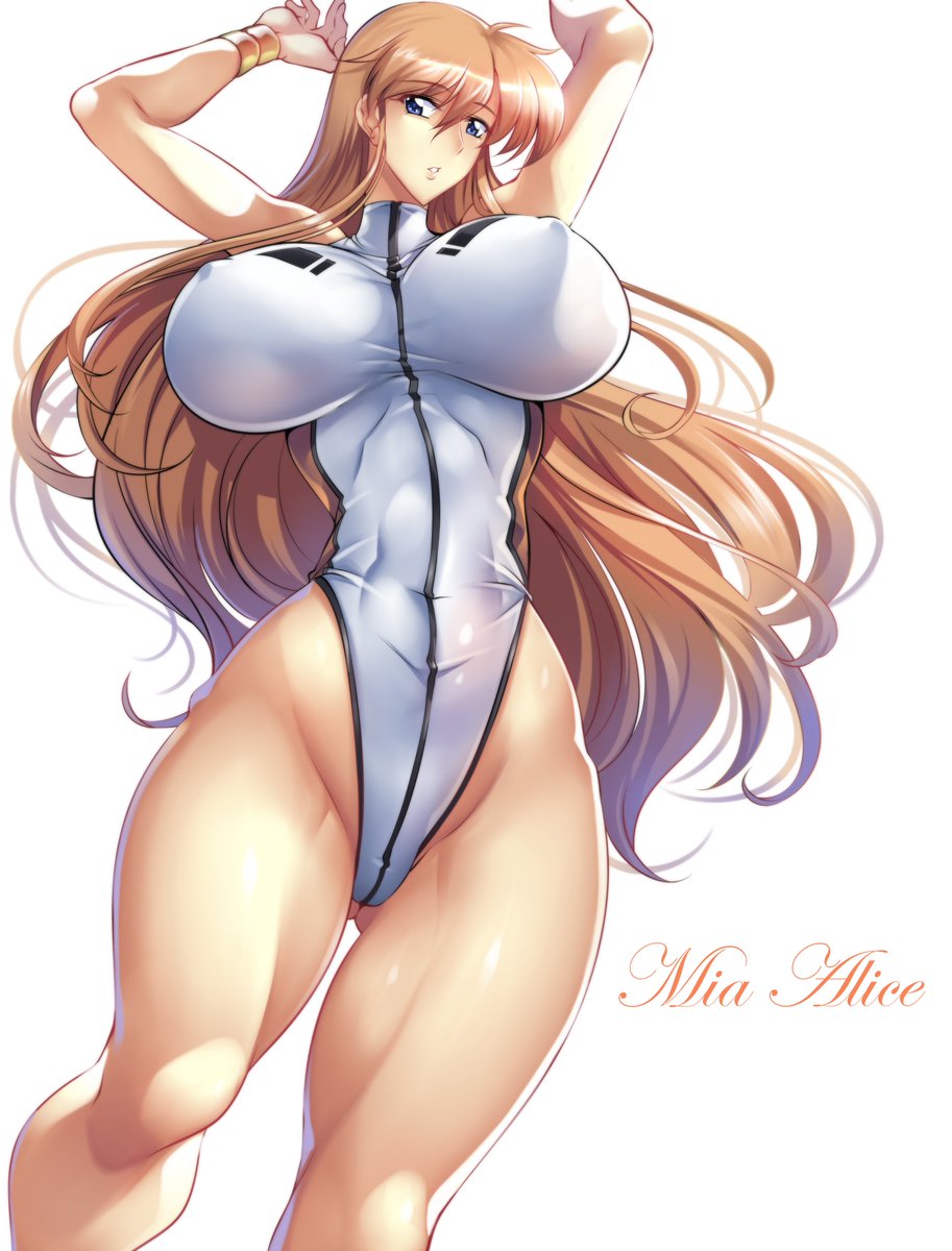 1girls arms_above_head arms_up blue_eyes breasts brown_hair dangaioh female haganef huge_breasts leotard looking_at_viewer mia_alice nipple_bulge pinup pose shiny simple_background solo solo_focus standing very_long_hair wristband