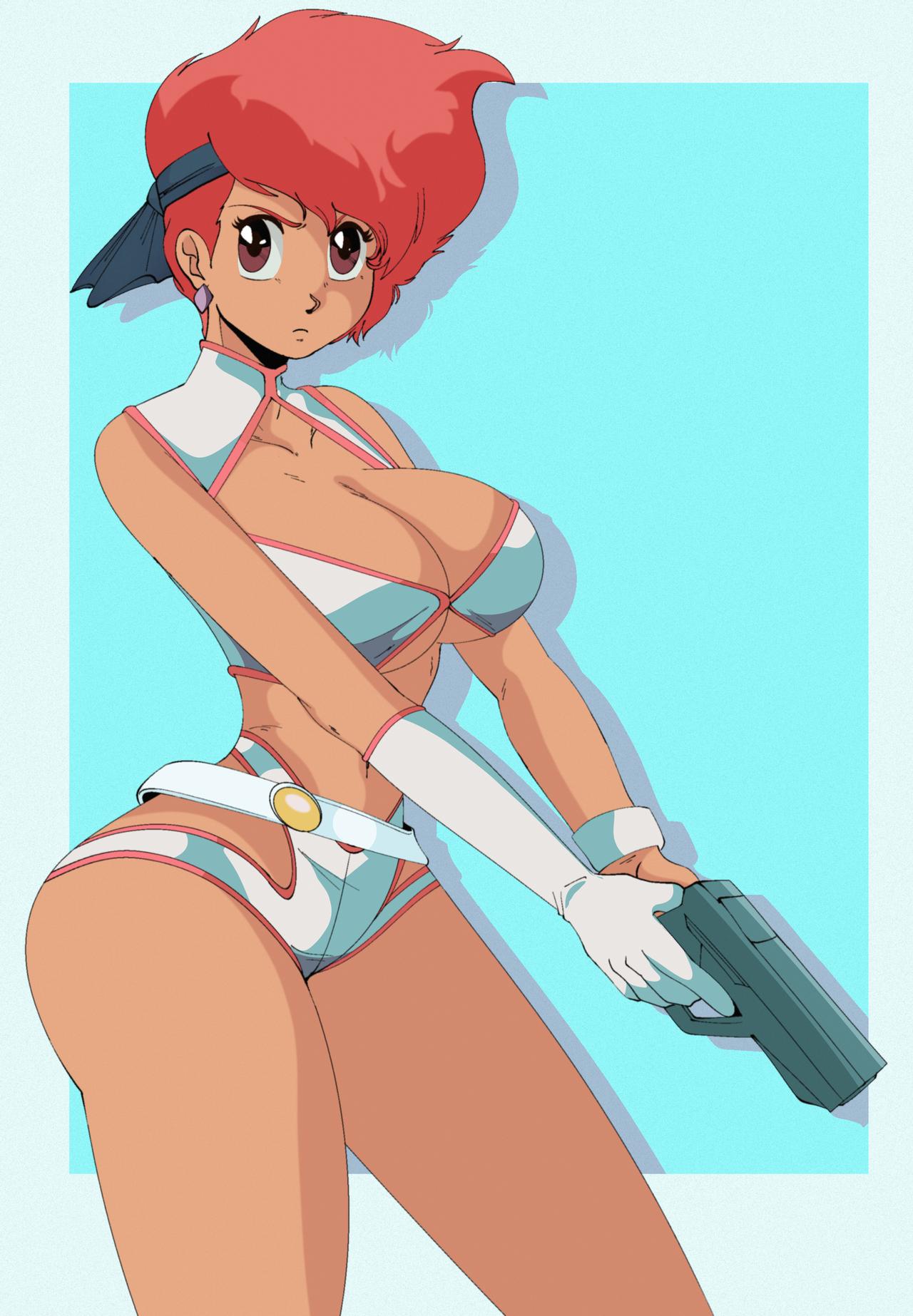 1girls 2020 big_breasts breasts cleavage curvaceous dark-skinned_female dark_skin dirty_pair female female_focus female_only gun headband human kei_(dirty_pair) large_breasts looking_at_viewer red_hair short_hair shorts solo solo_female solo_focus sonson-sensei standing tomboy wide_hips