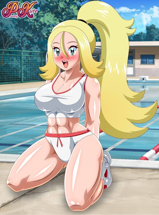 1girls, 2020, abs, artist name, big breasts, blonde hair, blush, breasts, female, game freak, grey eyes, hourglass figure, kneeling, korrina (pokemon), long hair, long ponytail, looking at viewer, nintendo, open mouth, outdoors, pk-studios, pokemon, pokemon xy, ponytail, pool, poolside, shoes, solo, sports bra, thick thighs, thighs