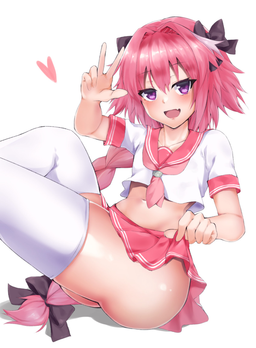 1boy, ass, astolfo (fate), black ribbon, blush, braid, bubble ass, bubble butt, crop top, cute, fang, fate (series), fate/apocrypha, fate/grand order, femboy, girly, lavirince (artist), long hair, male, midriff, miniskirt, peace sign, pink hair, shiny skin, skirt, skirt lift, solo, stockings, thick thighs, thighhighs