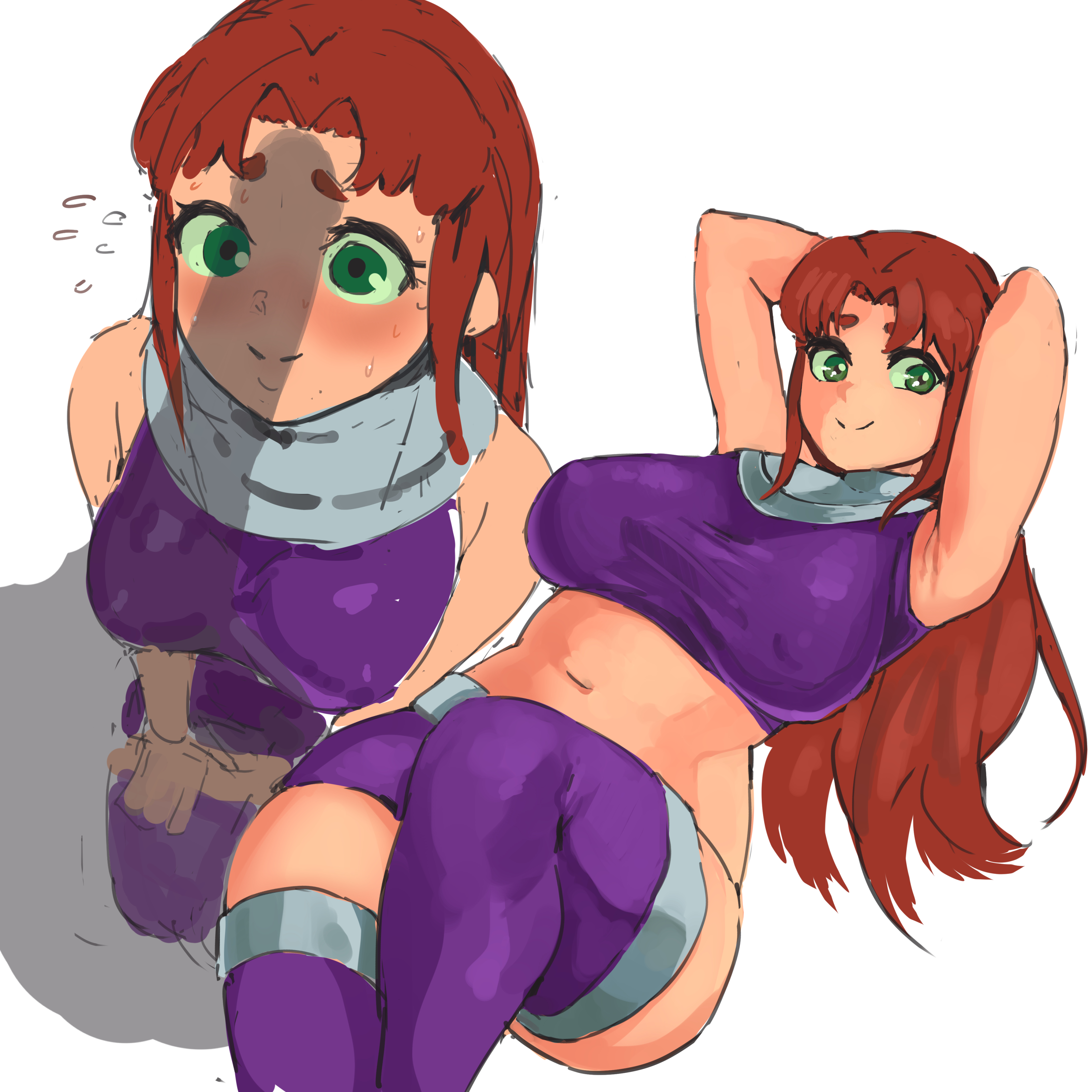 1boy, 1girls, big breasts, blush, boots, breasts, cleavage, dc, dc comics, erect nipples, female, large breasts, looking at viewer, male, nipples, penis, penis awe, penis shadow, solo focus, starfire, teen titans, thigh boots, thigh high boots, thighhigh boots, thighhighs, yotahen