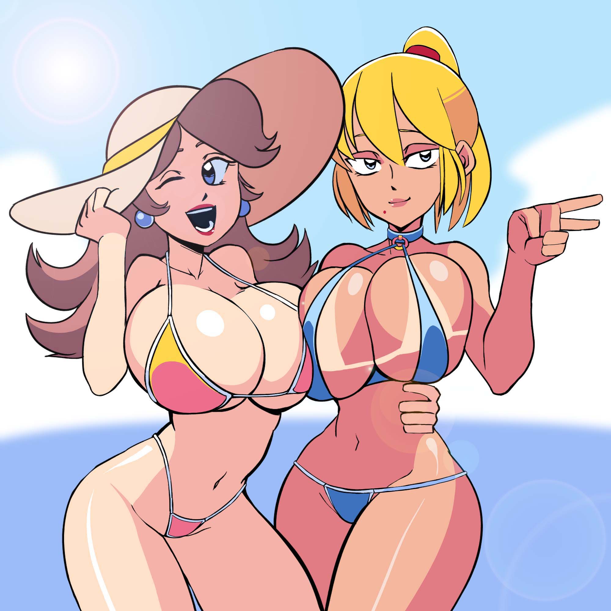 2girls, ayaiken, ayaman, beach, big breasts, bikini, bimbo, blonde hair, blue bikini, blue eyes, breasts, brown hair, crossover, dark skin, female, female only, female/female, mario (series), metroid, multiple females, multiple girls, nintendo, ocean, orange bikini, outdoors, ponytail, pov, princess daisy, samus aran, smile, standing, super smash bros., swimsuit, tan, tanline, tied hair, winking, yuri