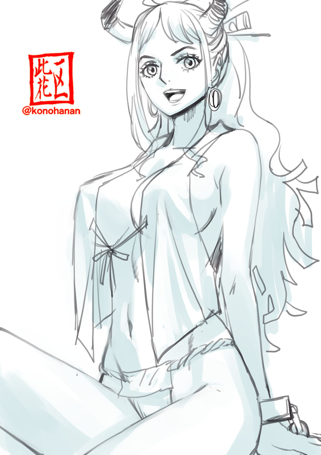 1girls, big breasts, breasts, cleavage, curvy, ear piercing, earrings, female, female only, hi res, highres, hoop earrings, horned humanoid, horns, humanoid, konohana, light skin, light-skinned female, long hair, looking at viewer, monochrome, one piece, oni, oni female, oni horns, sideboob, simple background, sketch, solo, underwear, wano country, white background, wide hips, yamato (one piece), youkai
