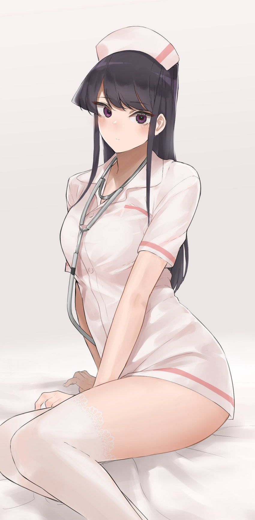 1girls bed black_hair curvy curvy_female female female_only hands_on_bed komi-san_wa_komyushou_desu komi_shouko legwear light-skinned_female long_hair looking_at_viewer no_pants nurse nurse_cap nurse_uniform purple_eyes simple_background solo_female solo_focus tagme white_legwear