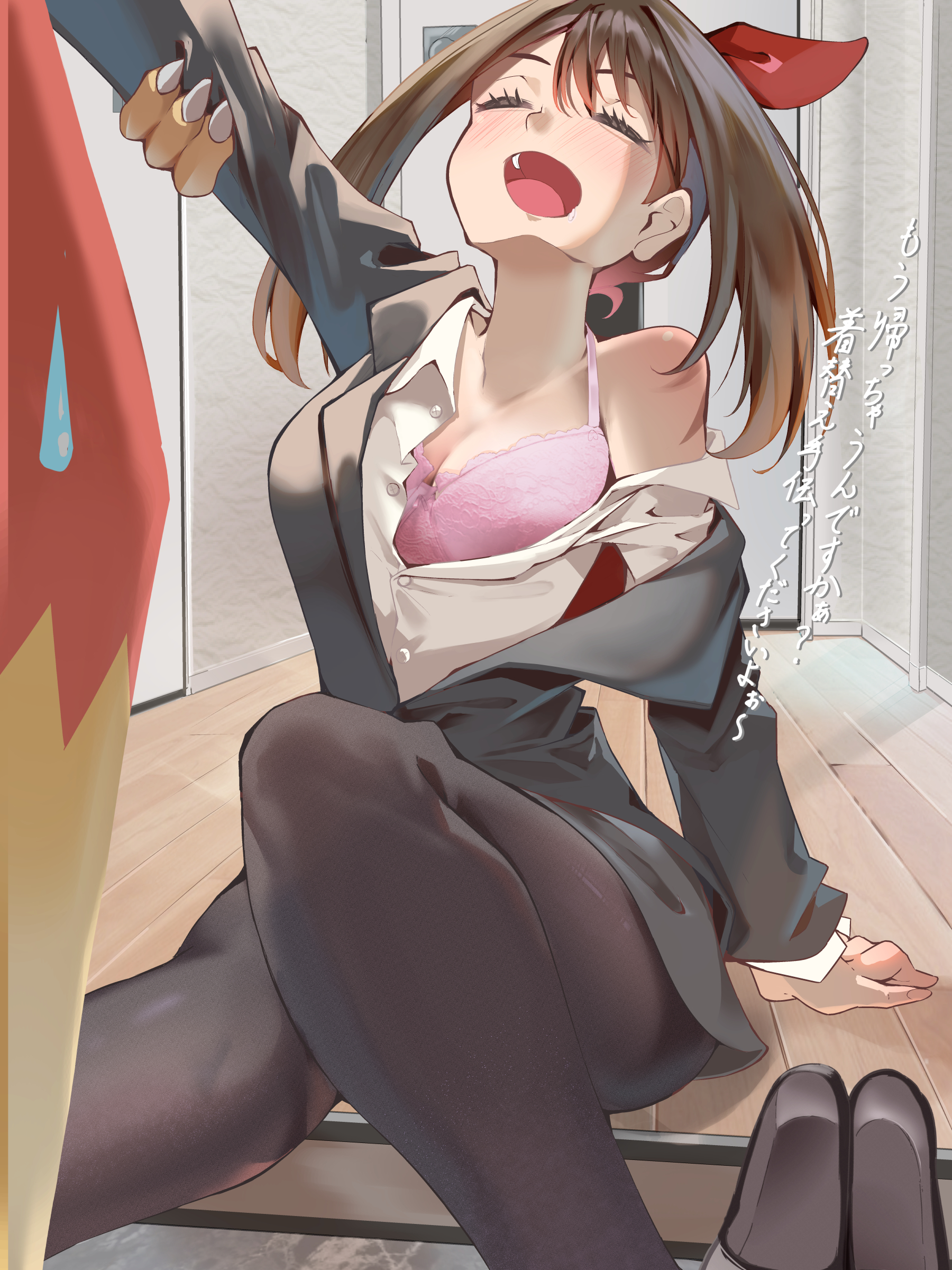 big breasts, black jacket, blaziken, blush, body blush, bra, breasts, brown hair, brown pantyhose, cleavage, closed eyes, collarbone, drunk, female, hair ribbon, indoors, jacket, may (pokemon), medium hair, momdy (talesshinja), oerba yun fang, off shoulder, office lady, on floor, open clothes, open mouth, open shirt, pantyhose, pink bra, pokemon, shiny skin, single bare shoulder, sitting, thighs, underwear, unworn shoes