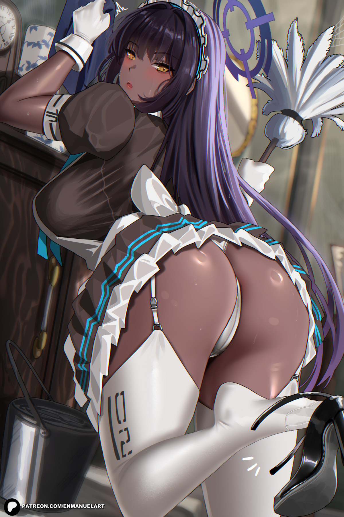 ass, black dress, black hair, black shoes, blue archive, blurry, blurry background, breasts, bucket, cleaning & clearing (blue archive), dark skin, dark-skinned female, dress, duster, enma (enmanuelart), enmanuelart20, female, from behind, garter straps, gloves, halo, high heels, highres, holding, holding duster, indoors, karin (blue archive), large breasts, looking at viewer, looking back, maid headdress, millennium science school student, panties, patreon logo, puffy short sleeves, puffy sleeves, purple hair, shoes, short sleeves, solo, sweat, thighhighs, underwear, watermark, web address, white gloves, white legwear, white panties, white thighhighs, yellow eyes