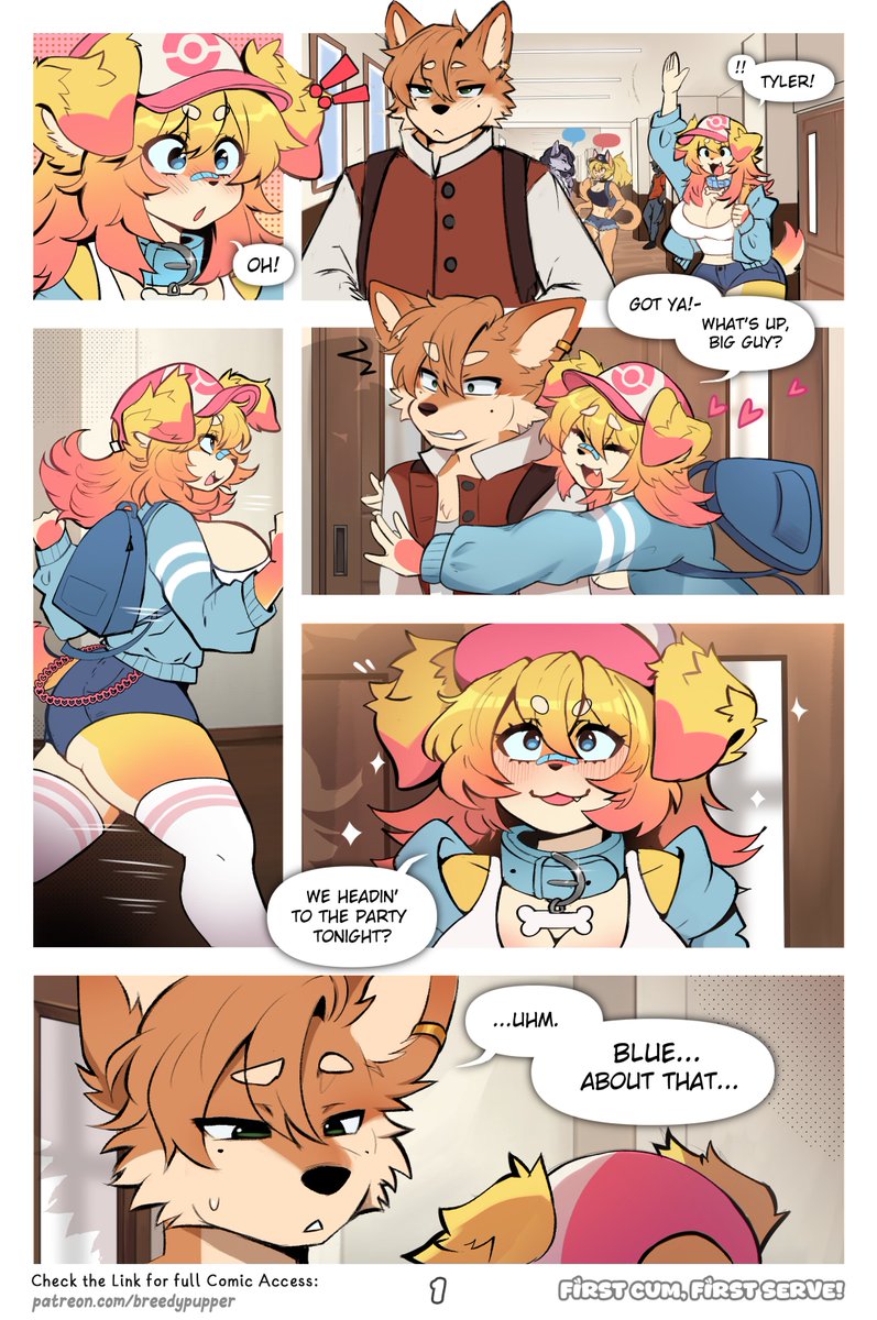 6koma, big breasts, blue (breedypupper), breasts, breedypupper, clothing, comic, comic page, crop top, dialogue, english text, female, furry, hat, hourglass figure, huge breasts, midriff, short shorts, tagme, tyler (breedypupper)