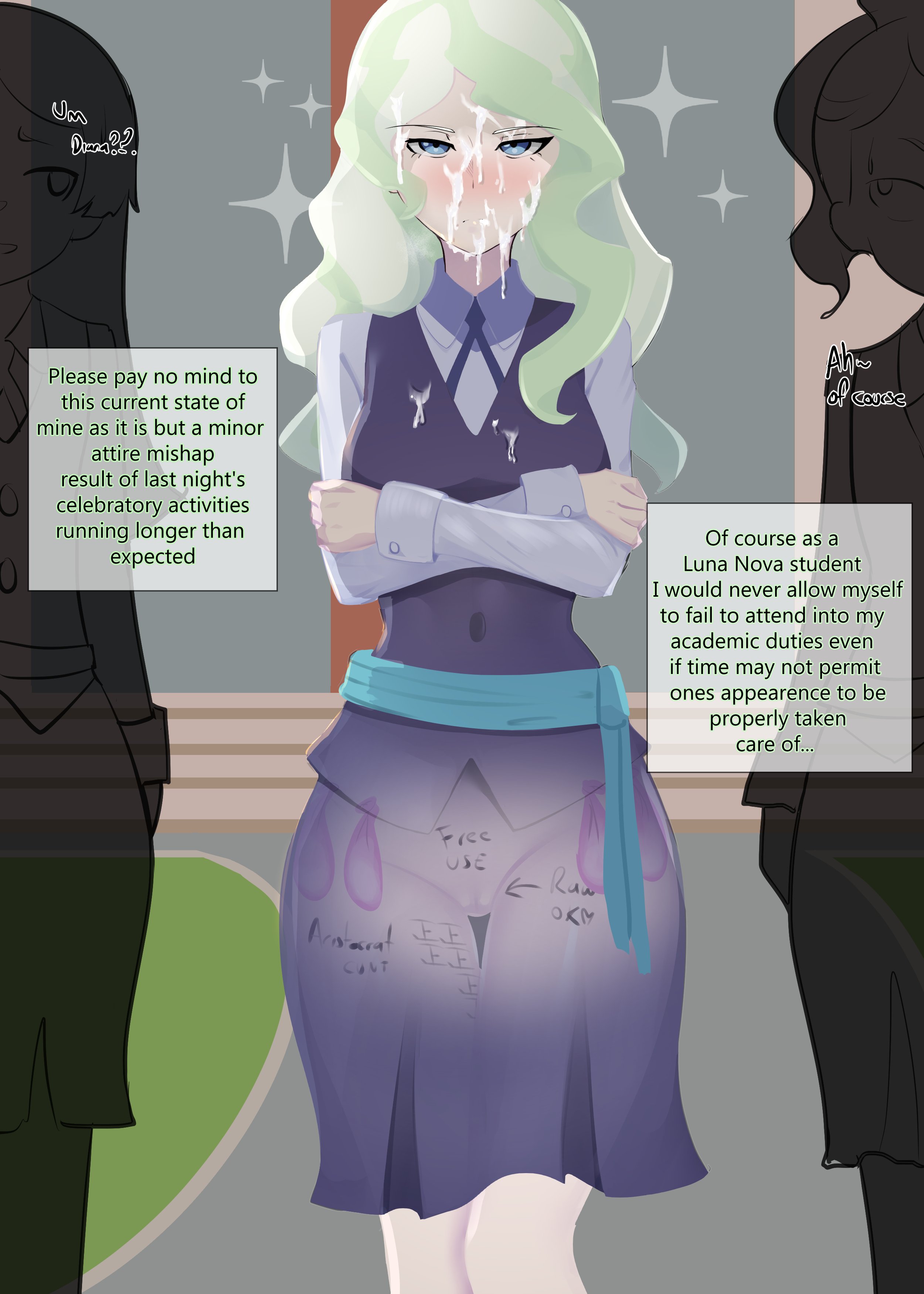3girls, after sex, aftermath, amaredeimus, barbara parker, birthday, body writing, completely dressed, cum on clothes, cum on face, diana cavendish, dressed, female, hannah england, little witch academia, poker face, school uniform, serious face, serious look, silhouette, used condom, x-ray